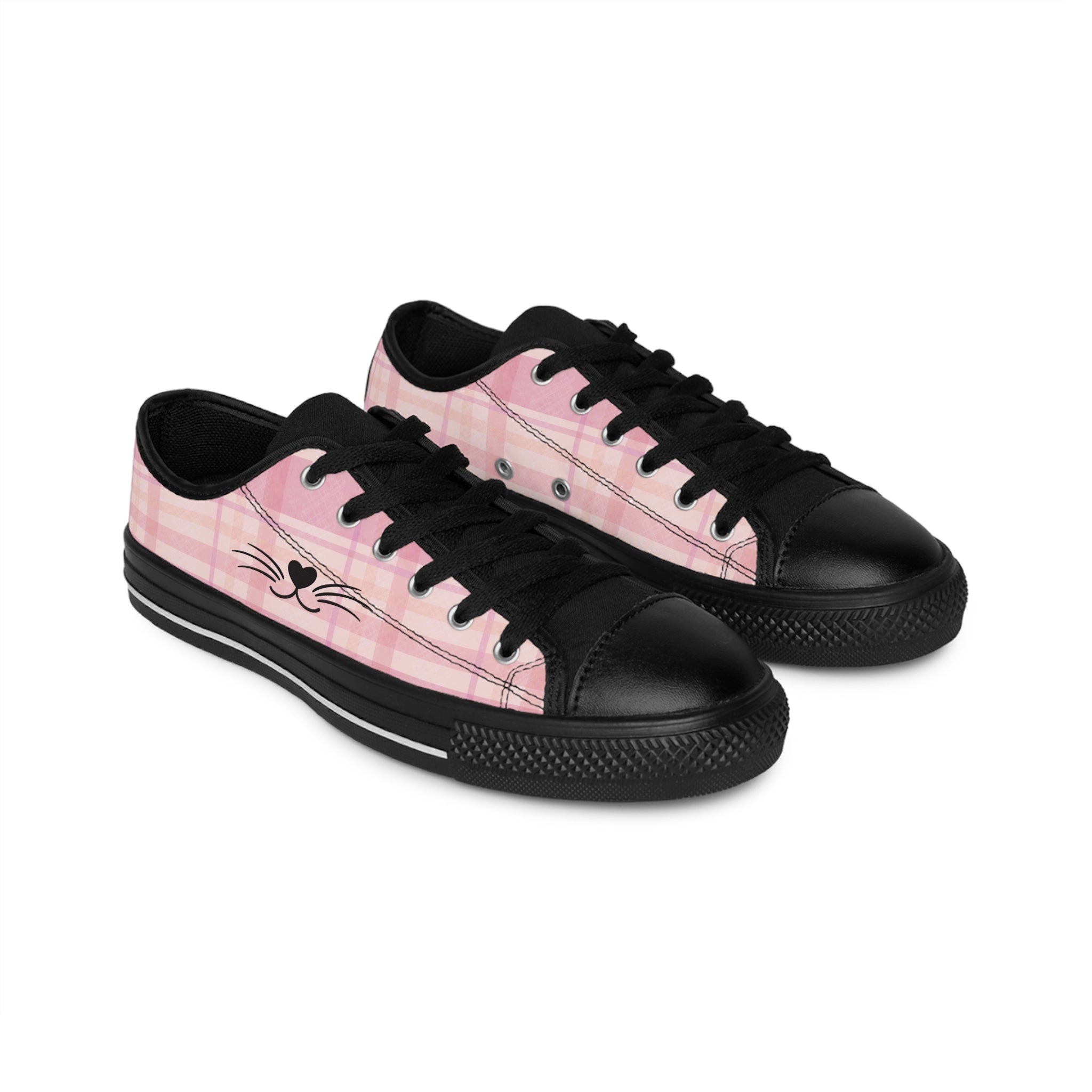 Mister Whiskers women's sneakers: pink plaid all-over print, graphic of cat's whiskers on the side.