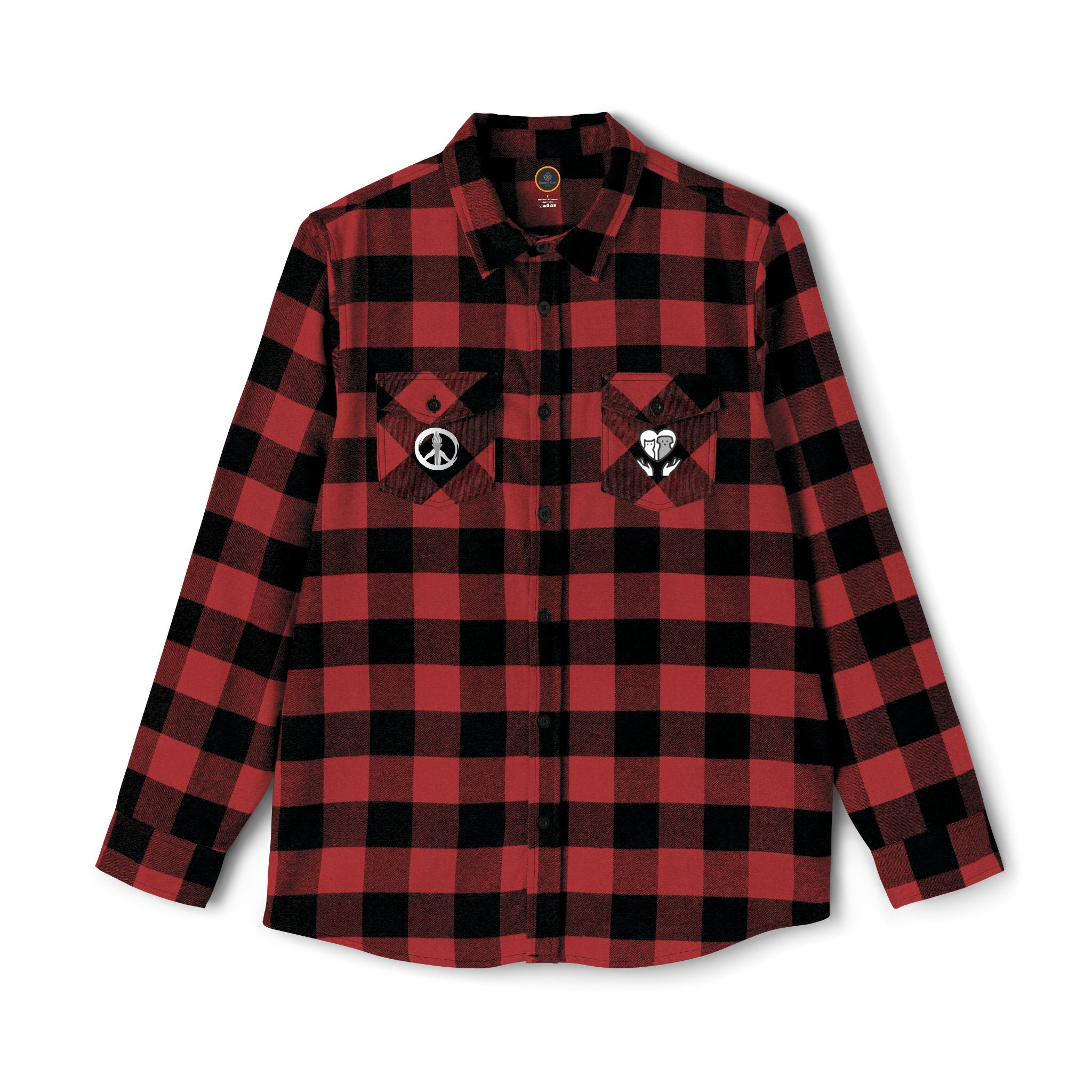 Front view of the 'Peace, Love, Rescue' Flannel Shirt. Left pocket features a graphic of a heart with two hands holding a cat and a dog. The right pocket features a peace sign.