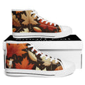 High top shoes with autumn leaf all-over pattern and sitting cat graphic on the side.
