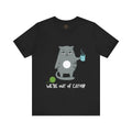 Crewneck t-shirt featuring a cartoon gray and white cat smugly holds a steaming cup of coffee. A green ball of yarn sits on the floor nearby. Below the image, the text reads "We're Out Of Catnip".