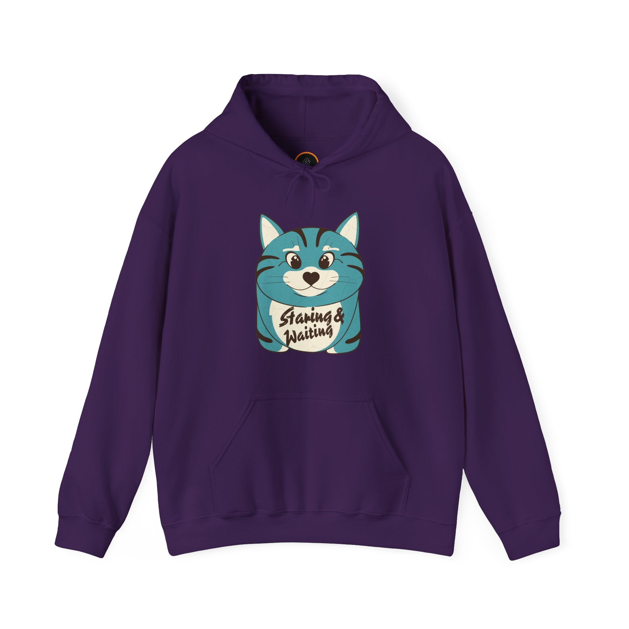 Purple "Staring and Waiting" Hoodie: Features a cartoon graphic of a wide-eyed cat on the front, with the text "staring and waiting" written across its belly.