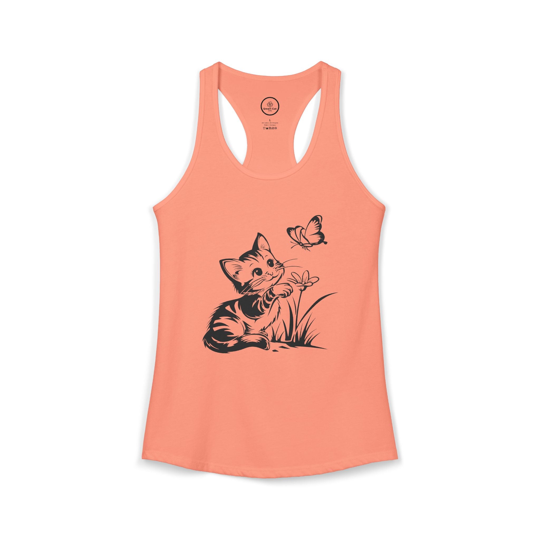 Light orange Butterfly Kitty Women's Racerback Tank Top — black line art kitten reaching for a butterfly.