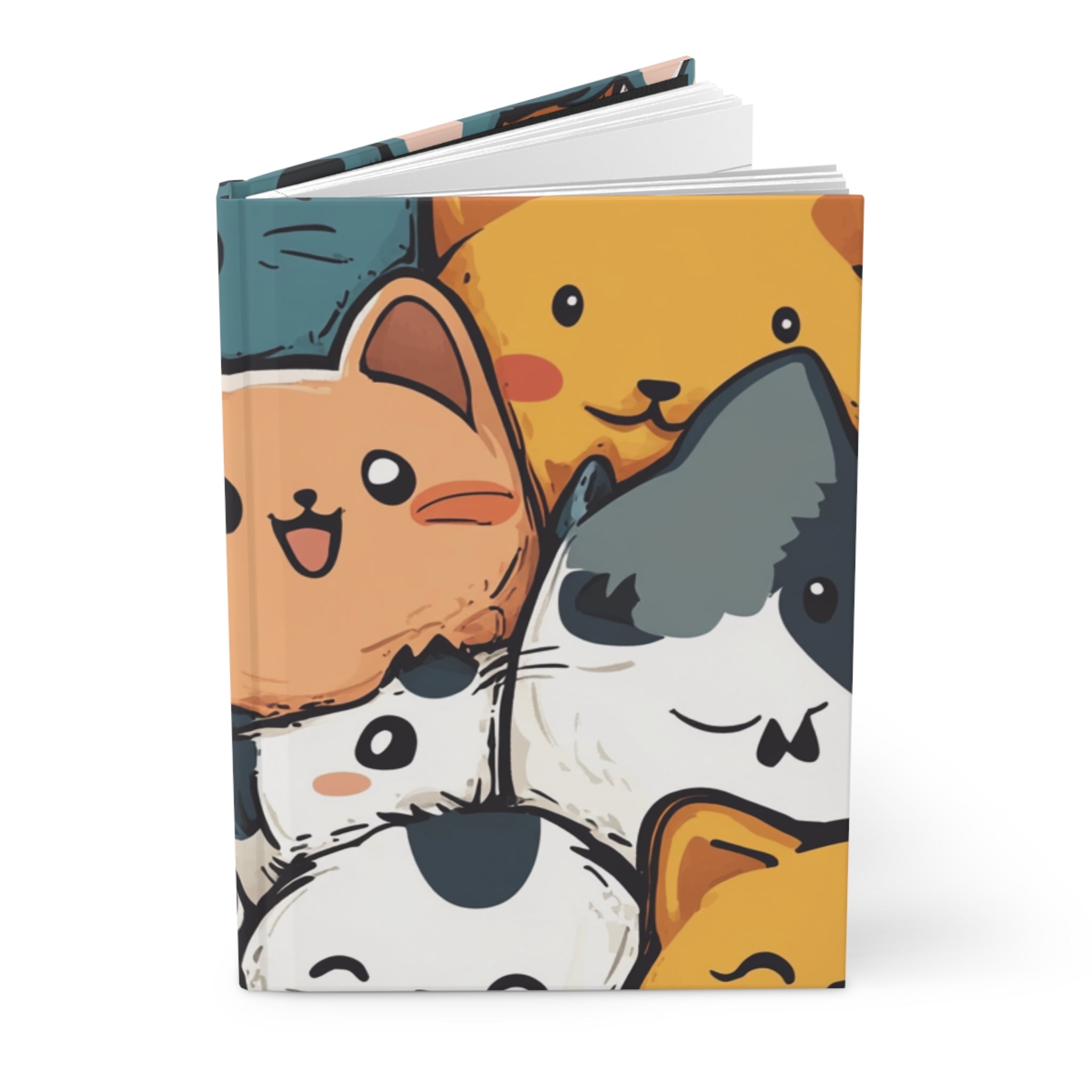 White Kawaii Party Hardcover Journal slightly opened with colorful cat party graphic.