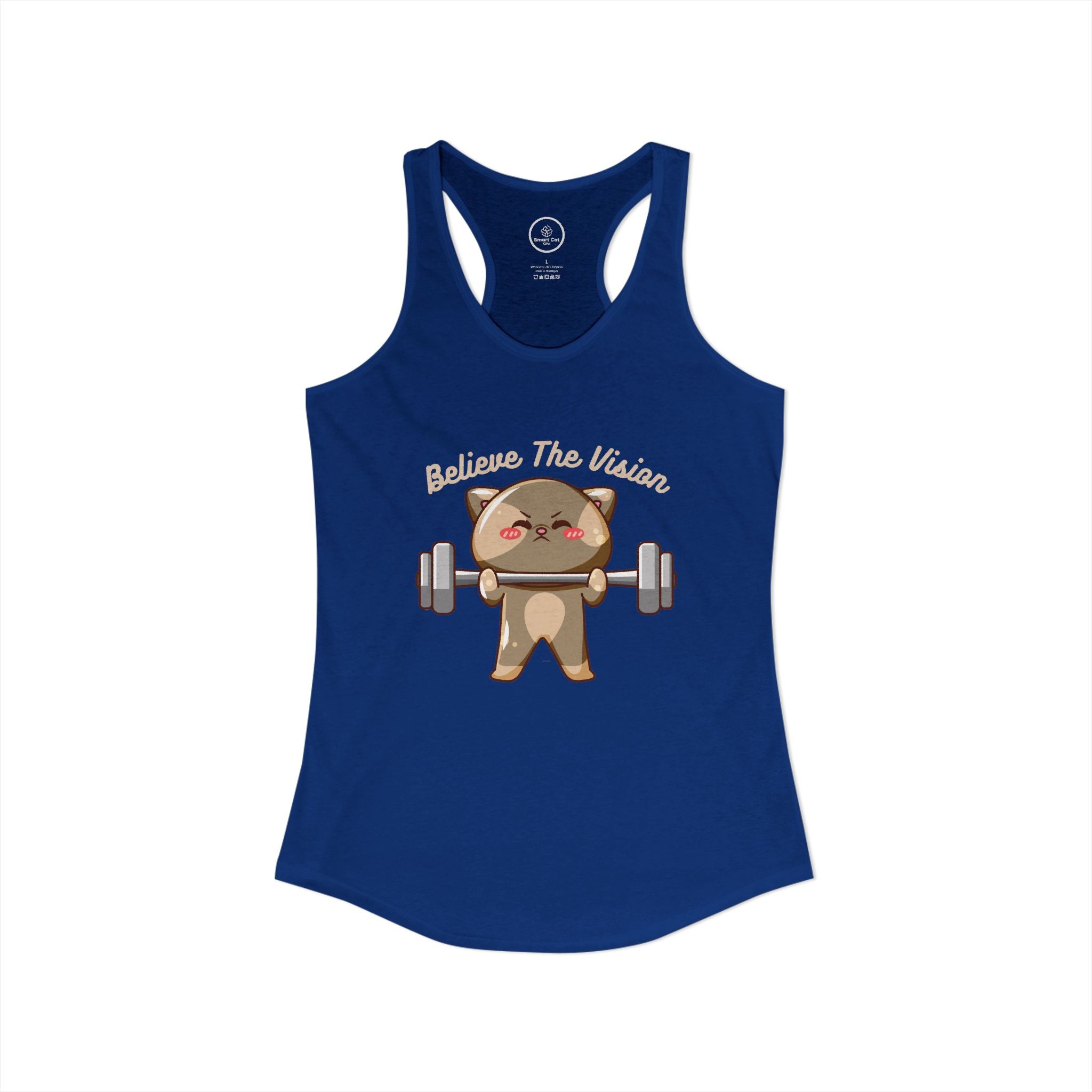 Believe the Vision royal blue tank top: image of a cat lifting weights.