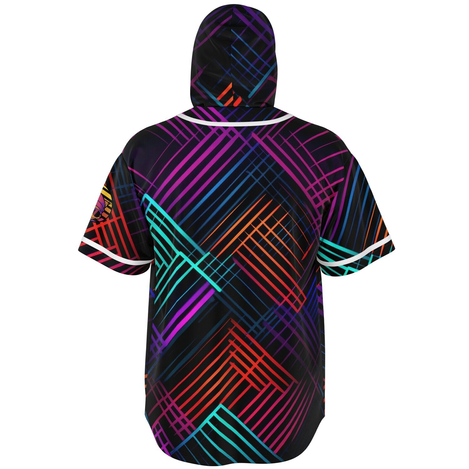 Retro Glow Hooded Baseball Jersey featuring a blend of vintage-inspired colors and a cool cat design on the left sleeve. 