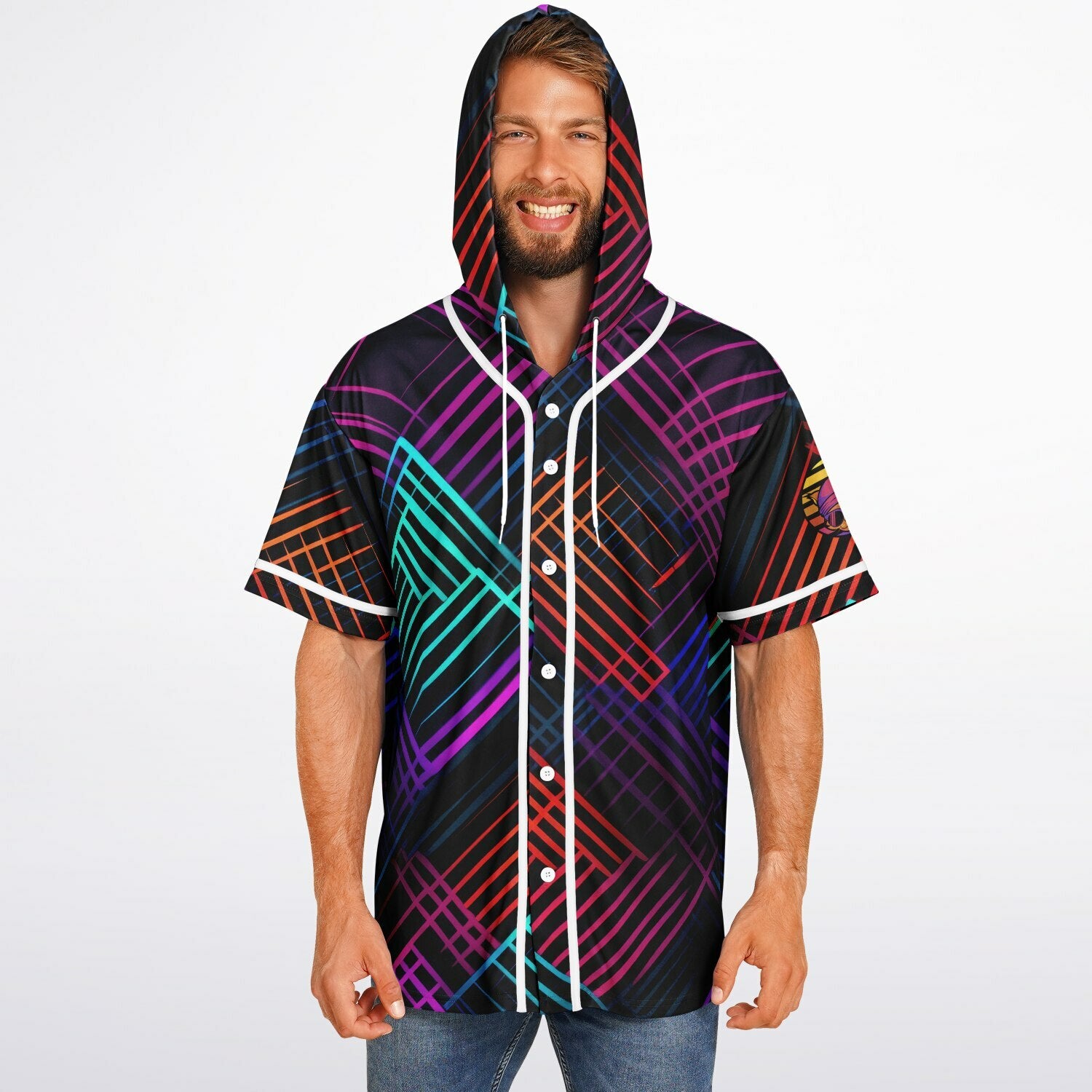 Retro Glow Hooded Baseball Jersey featuring a blend of vintage-inspired colors and a cool cat design on the left sleeve. 