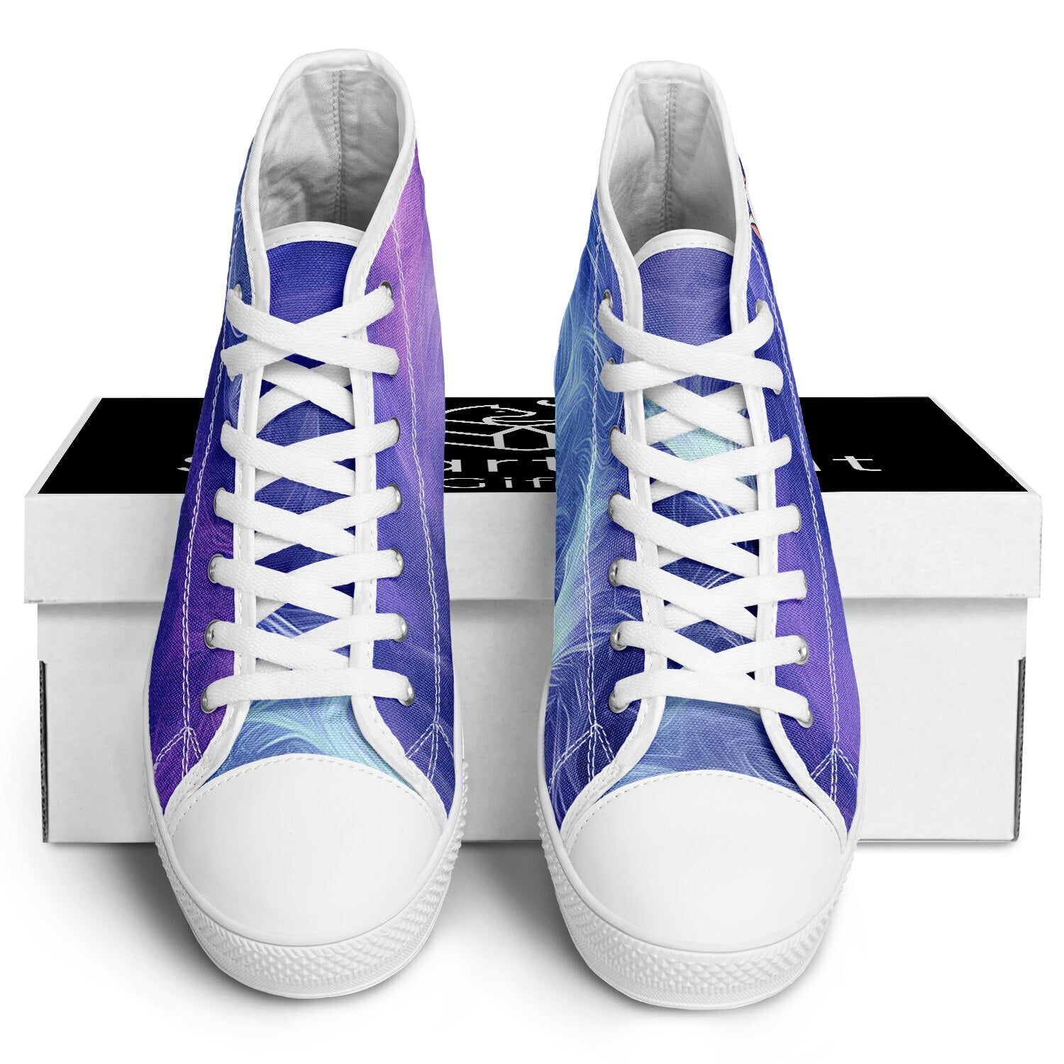  Purple Game High Tops: Vibrant purple fur all-over print with cartoon cat holding joystick graphic.