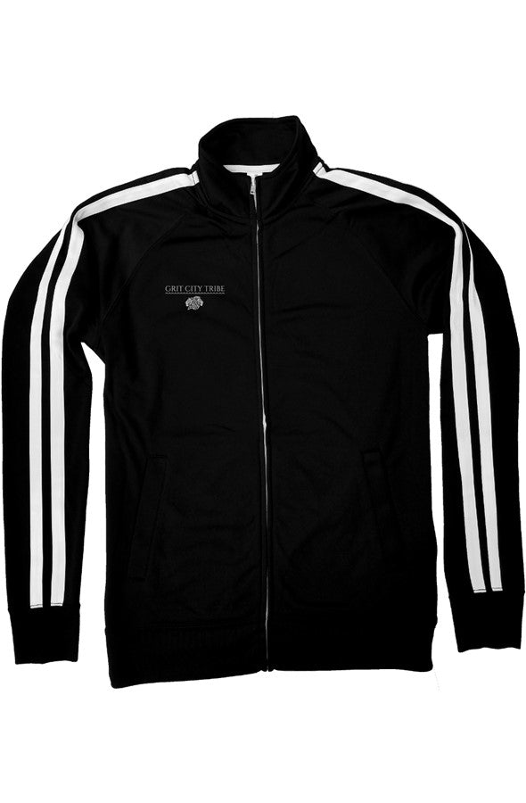 Black Grit City Tribe track jacket with lion chest emblem and white sleeve stripes