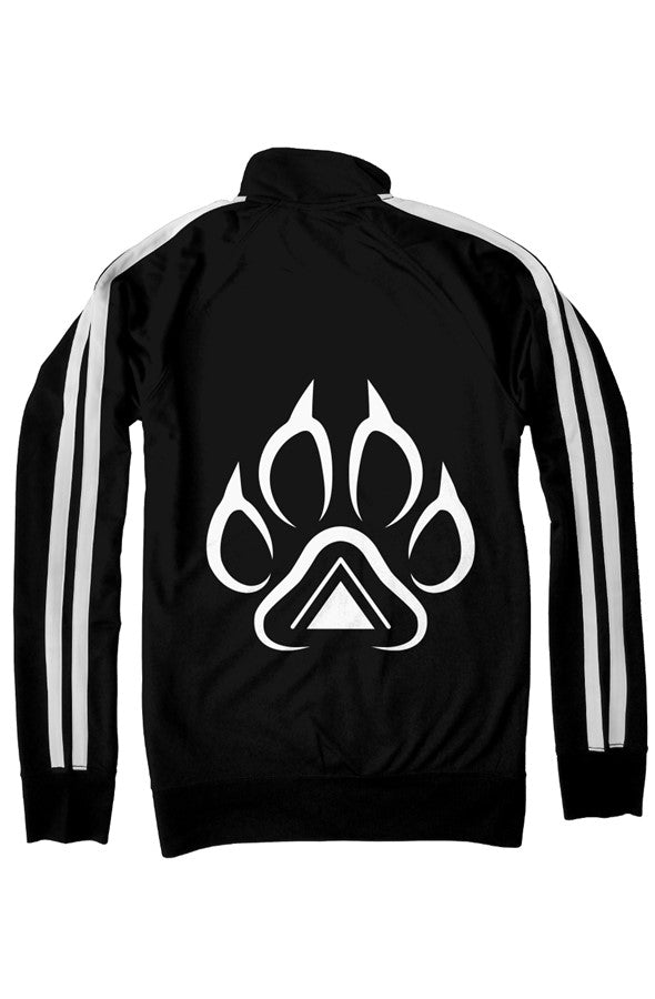 Back of black Grit City Tribe track jacket with large white tribal paw print graphic