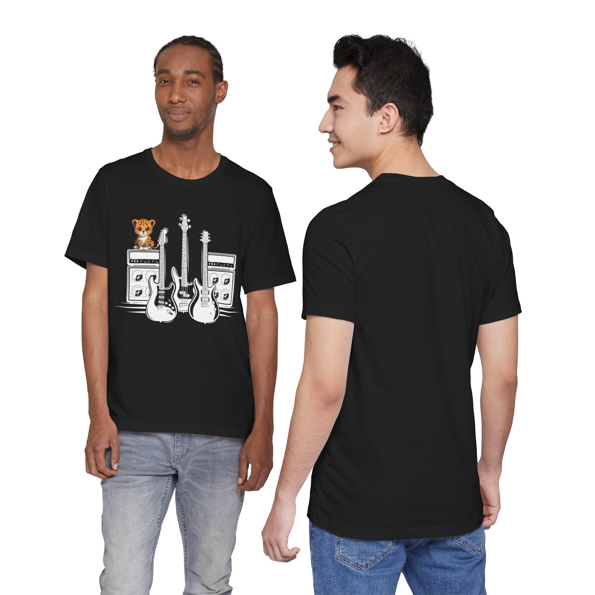 Cute baby leopard sitting on guitar amps with guitars - Riff Master music lover t-shirt design