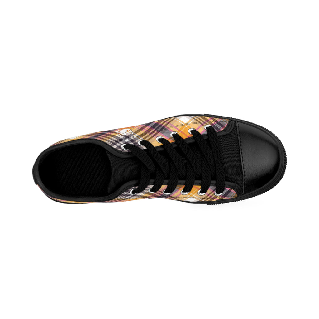Top view of the Me Time with Barry men's sneakers: orange plaid all-over print, graphic of self-grooming cat on side.