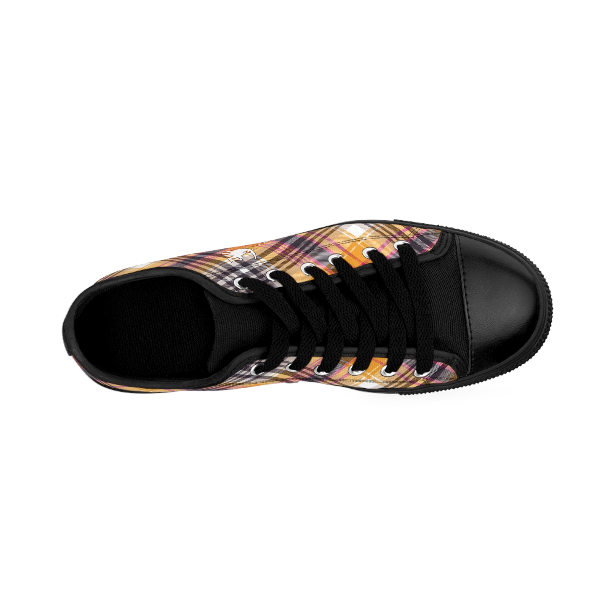 Top view of the Me Time with Barry men's sneakers: orange plaid all-over print, graphic of self-grooming cat on side.