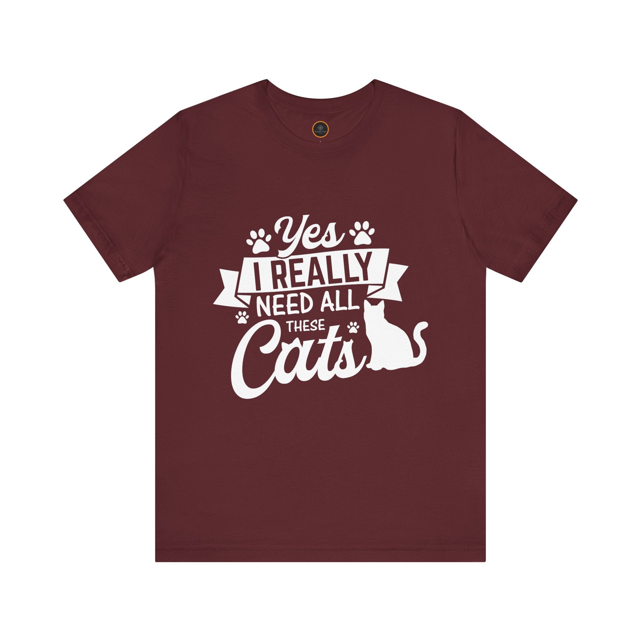  Crew neck t-shirt with a cat graphic, paw graphics and the text 'Yes I Really Need All These Cats' printed on the front.