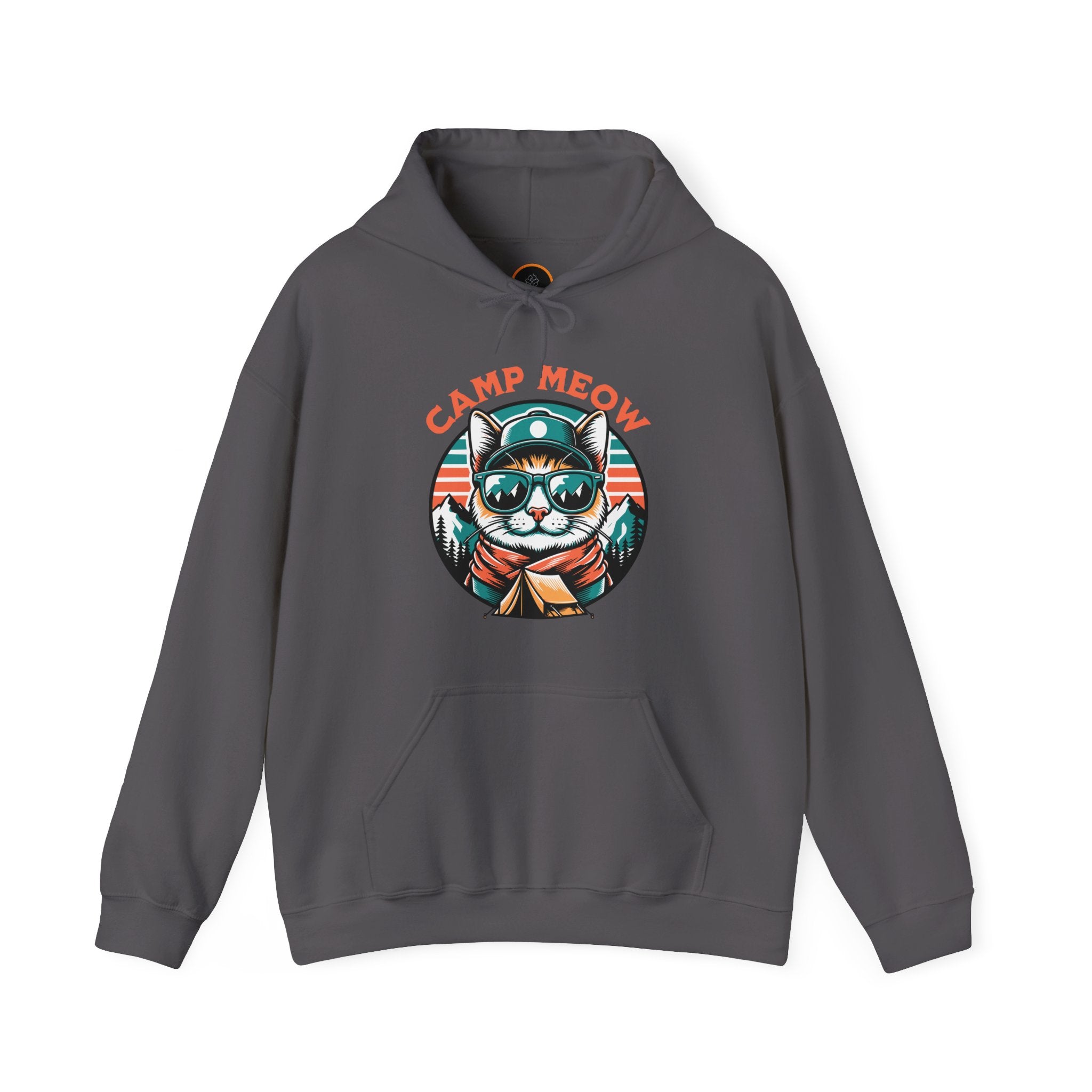 Camp Meow Charcoal Hoodie: Retro illustration of a cat wearing sunglasses and a scout uniform, standing in front of a mountain landscape.