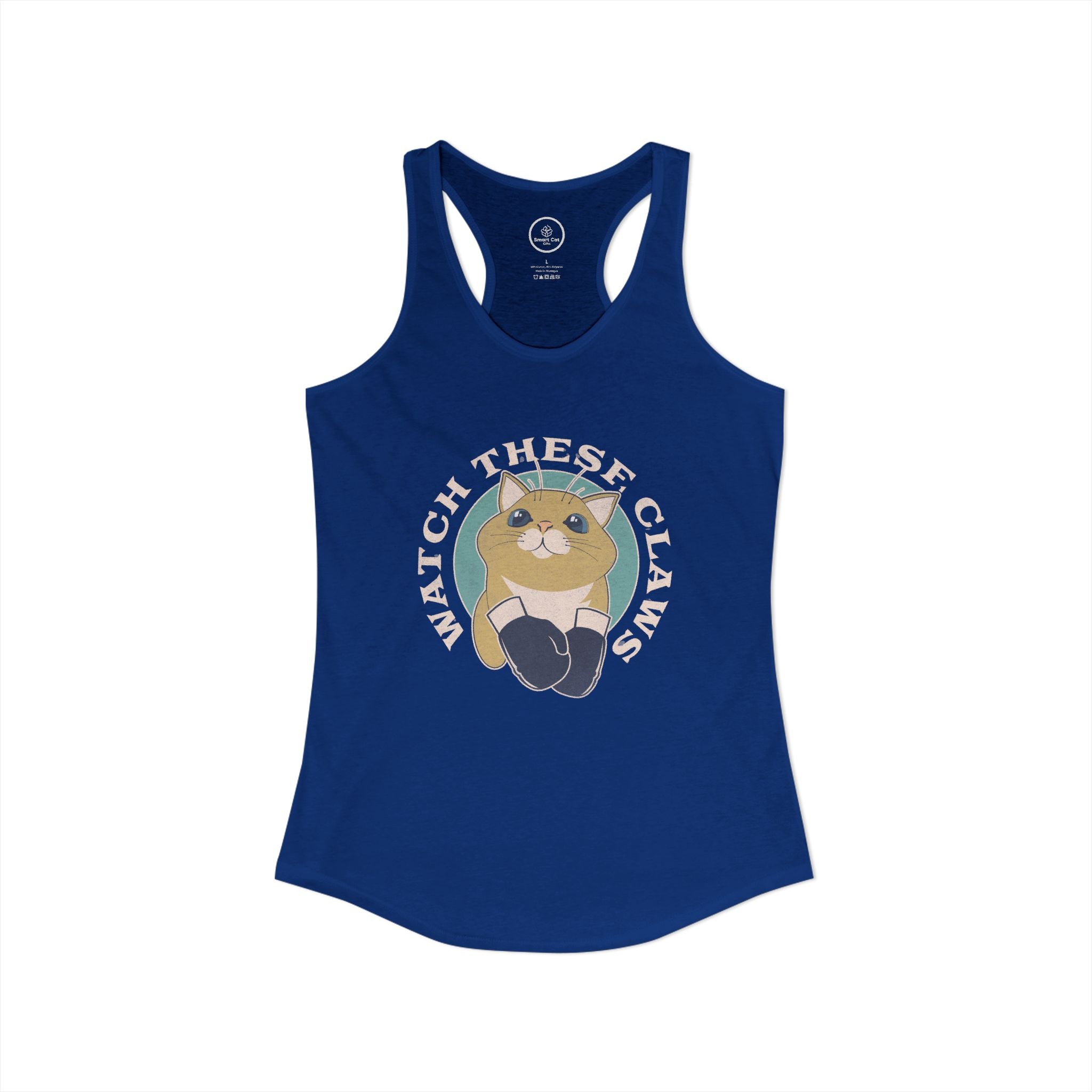 Royal blue tank top with a cat graphic and 'Watch These Claws' text.