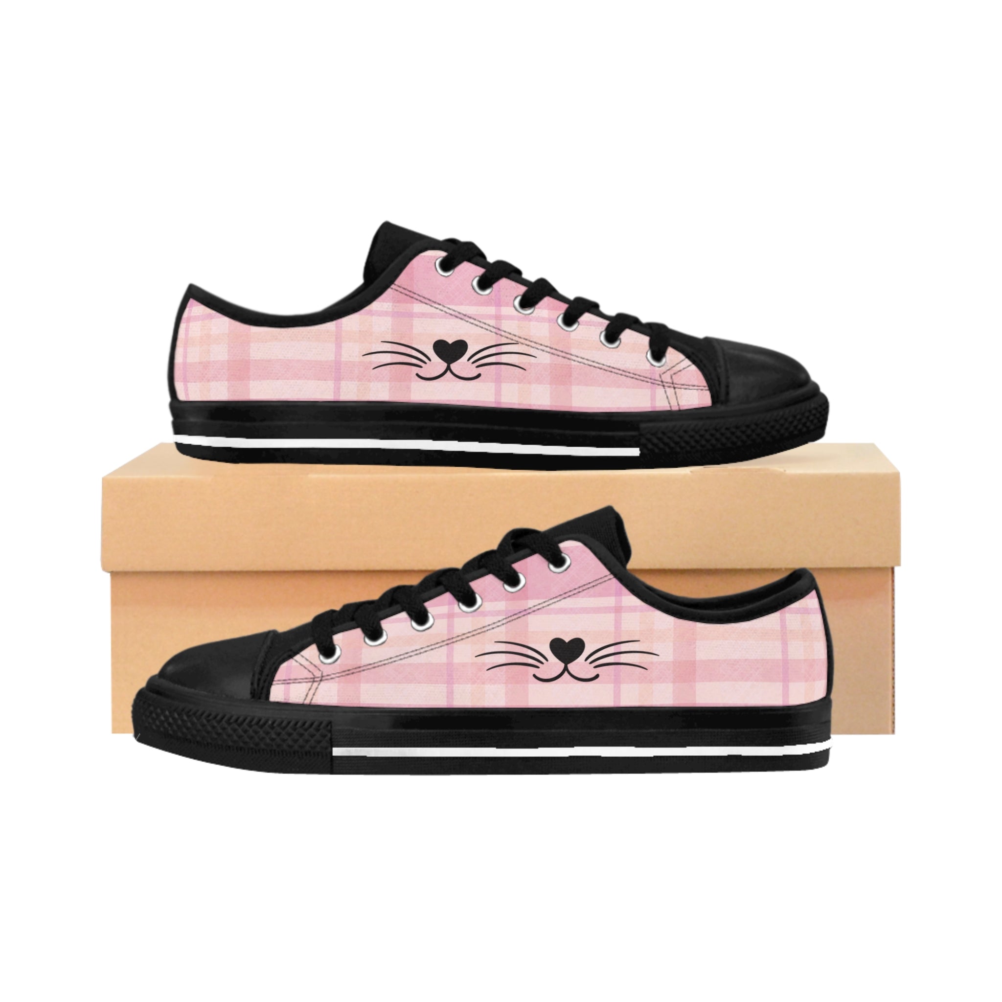Mister Whiskers women's sneakers: pink plaid all-over print, graphic of cat's whiskers on the side.