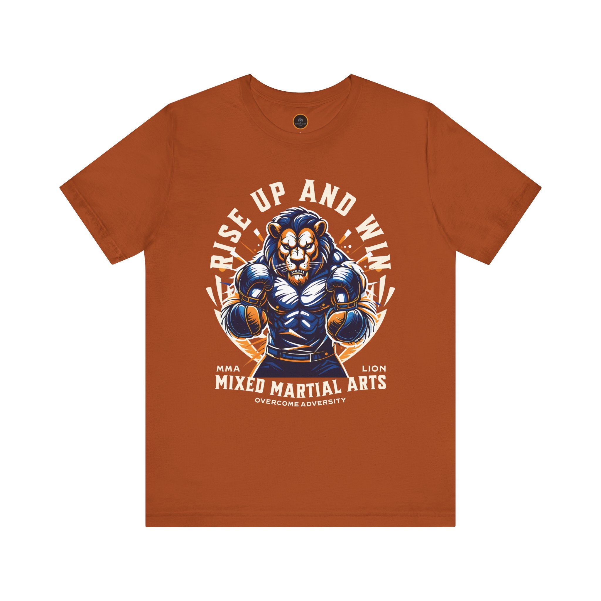 Orange t-shirt featuring a powerful lion graphic in a ready-to-fight stance with inspiring 'Rise Up and Win' text.