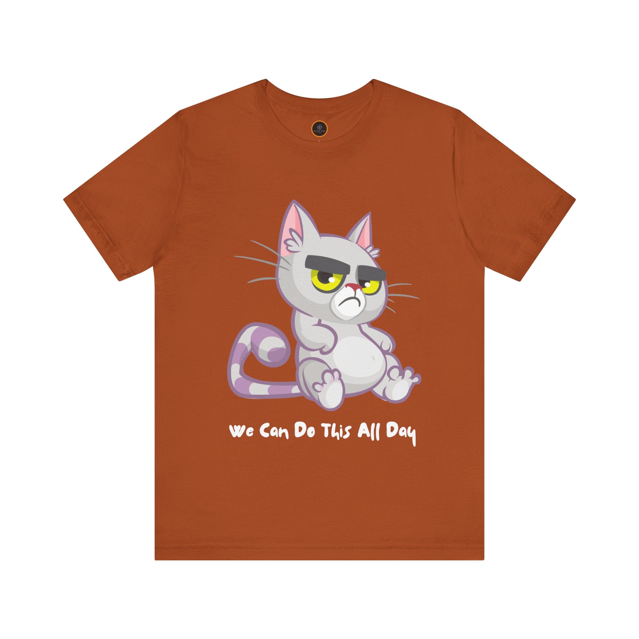 Graphic of a light purple, grumpy cat with big eyes and bushy eyebrows. The text below reads "We can do this all day" .