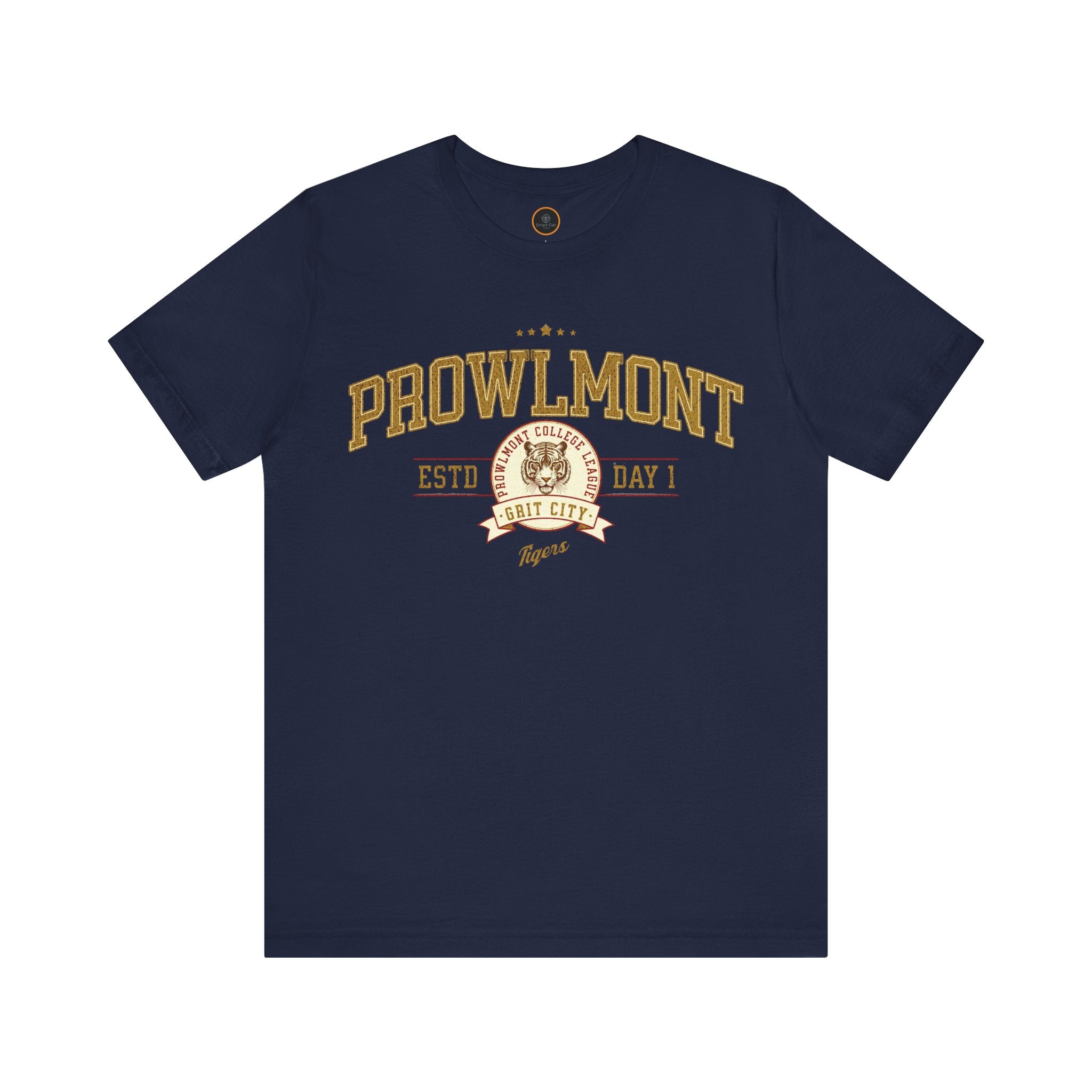 Navy blue varsity style t-shirt with 'Prowlmont Grit City Tigers' text and tiger logo on a white background