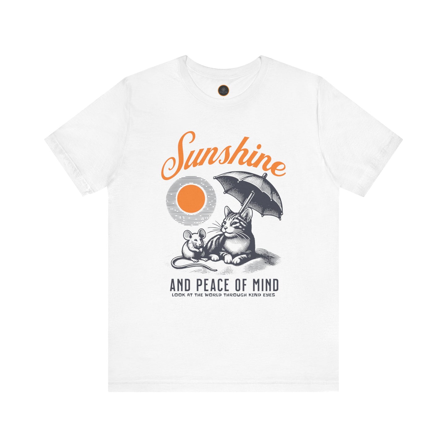 The "Sunshine and Peace of Mind" T-shirt. Featuringa graphic of a cat and mouse sharing shade under a sunny beach umbrella.