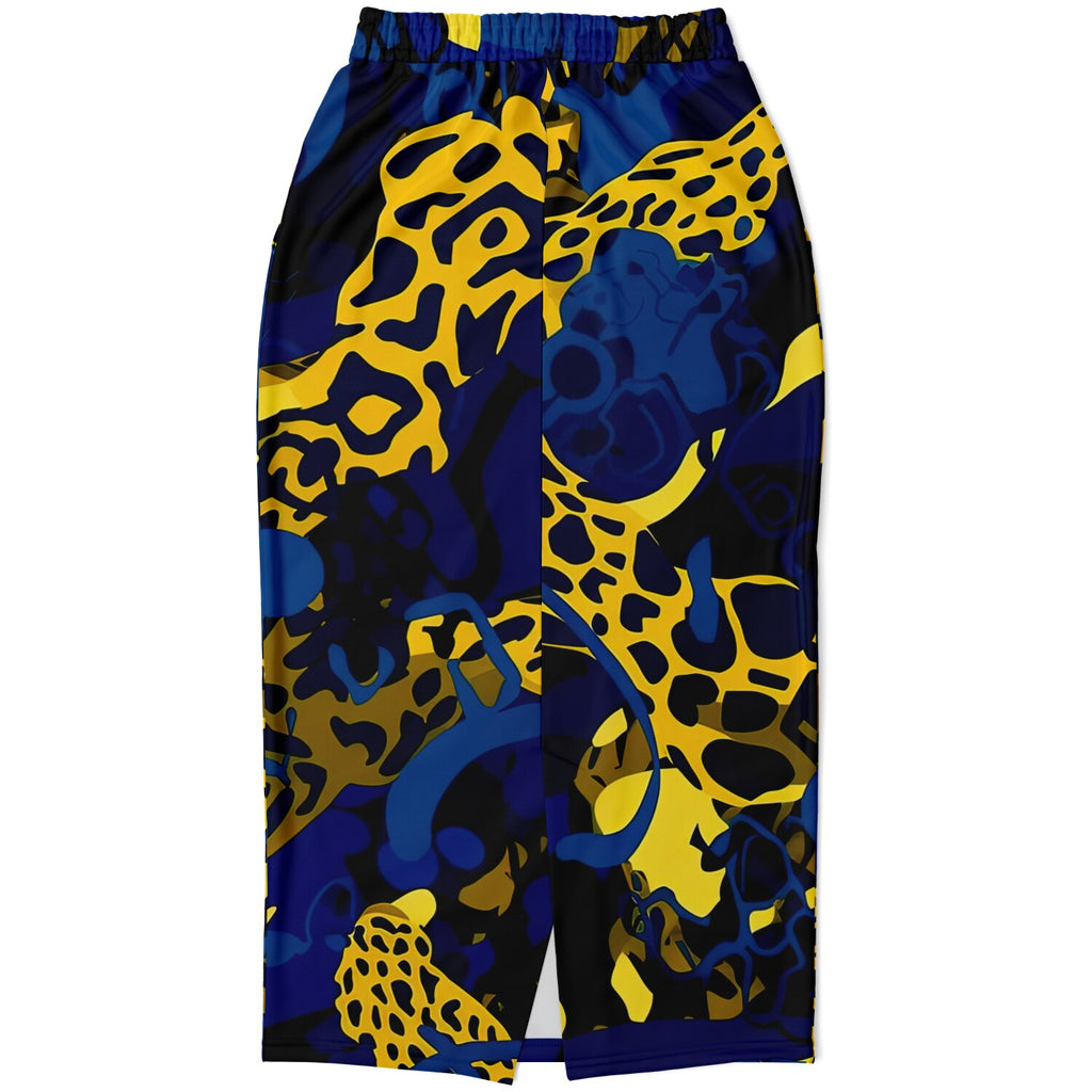 A long athletic skirt with vibrant leopard print and blue color, featuring side pockets and a drawstring closure.