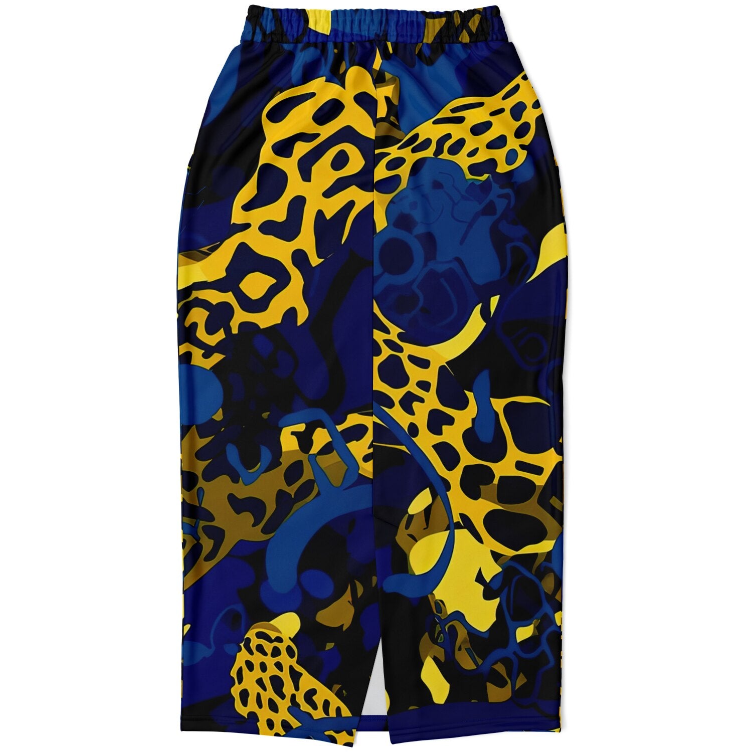 A long athletic skirt with vibrant leopard print and blue color, featuring side pockets and a drawstring closure.