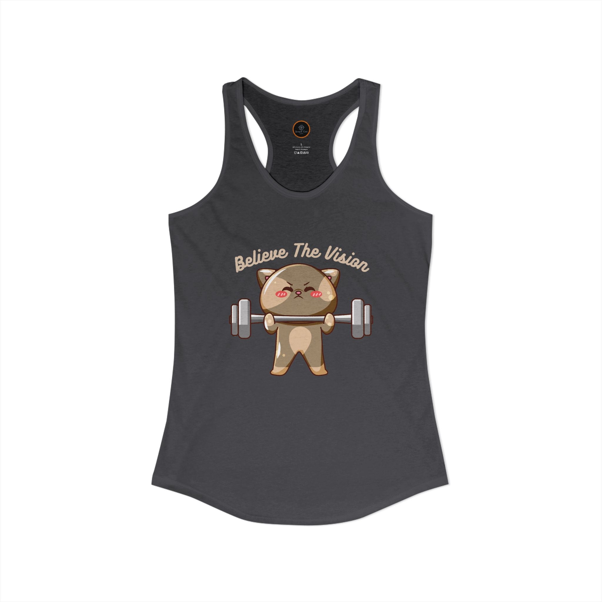 Believe the Vision dark gray tank top: image of a cat lifting weights.
