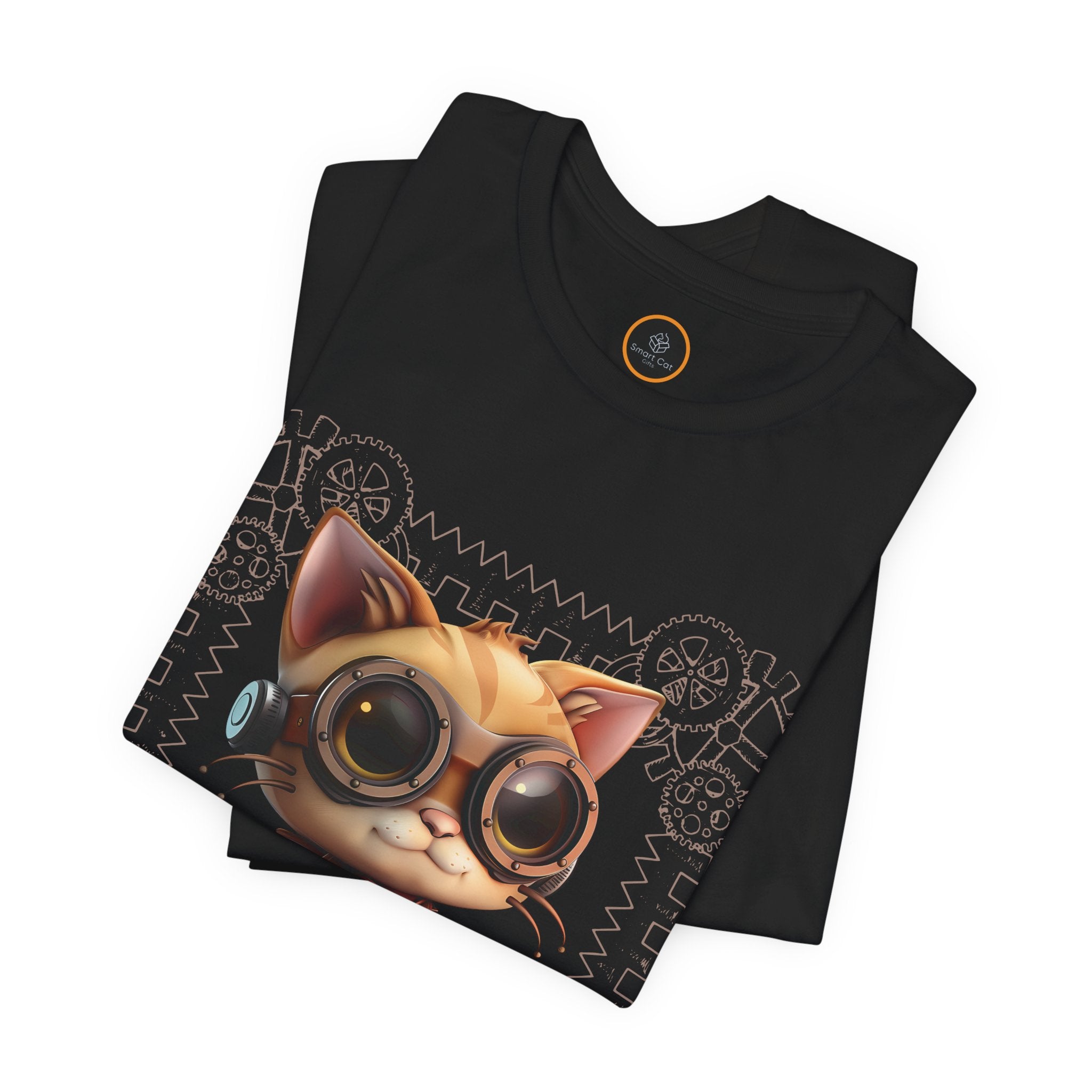 A black crew neck t-shirt with a graphic print of a steampunk-style cat with gears and wheels.