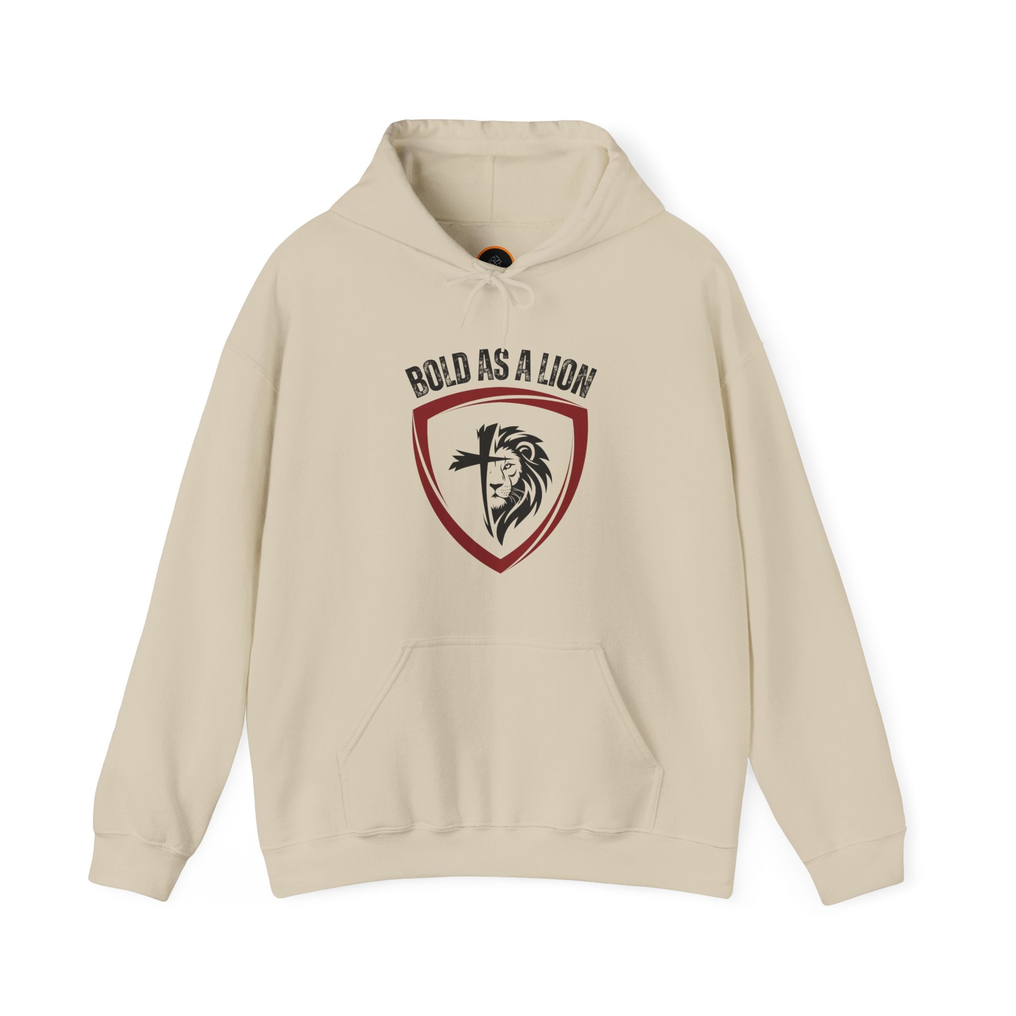  Bold As A Lion Hoodie: The hoodie features a graphic with half of a lion's face merging into half of a cross within a shield outline. The text "bold as a lion" is printed above the graphic.