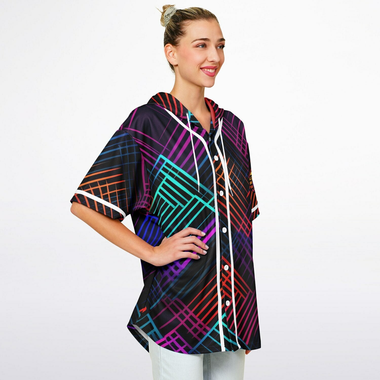 Retro Glow Hooded Baseball Jersey featuring a blend of vintage-inspired colors and a cool cat design on the left sleeve. 