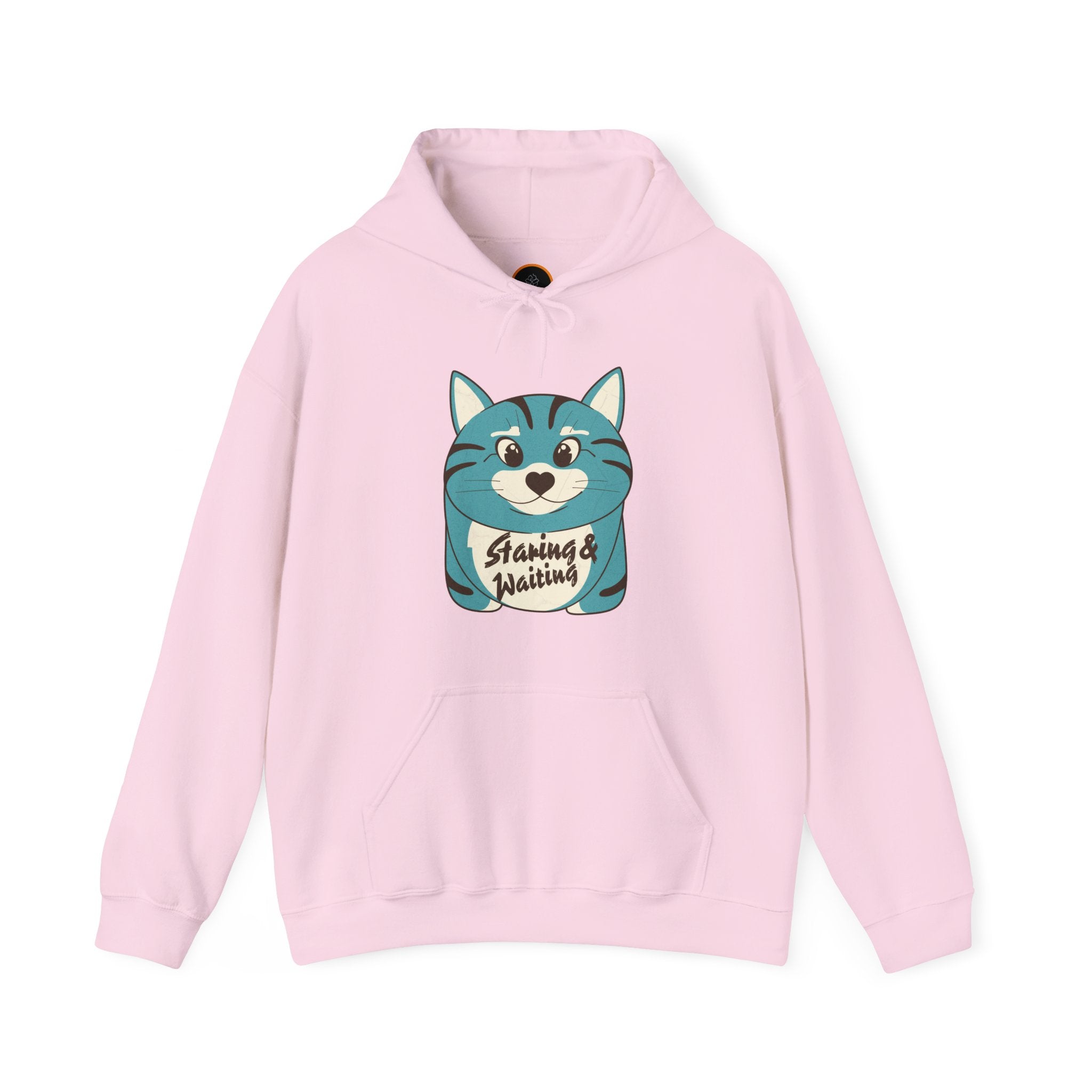 Pink "Staring and Waiting" Hoodie: Features a cartoon graphic of a wide-eyed cat on the front, with the text "staring and waiting" written across its belly.