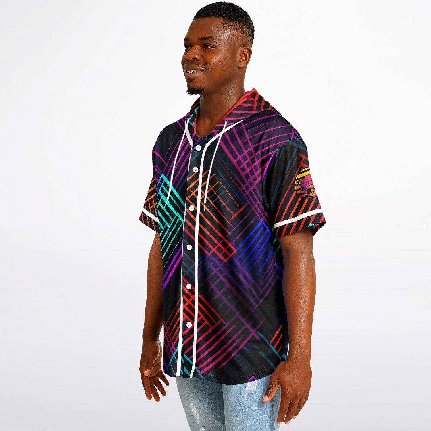 Retro Glow Hooded Baseball Jersey featuring a blend of vintage-inspired colors and a cool cat design on the left sleeve. 