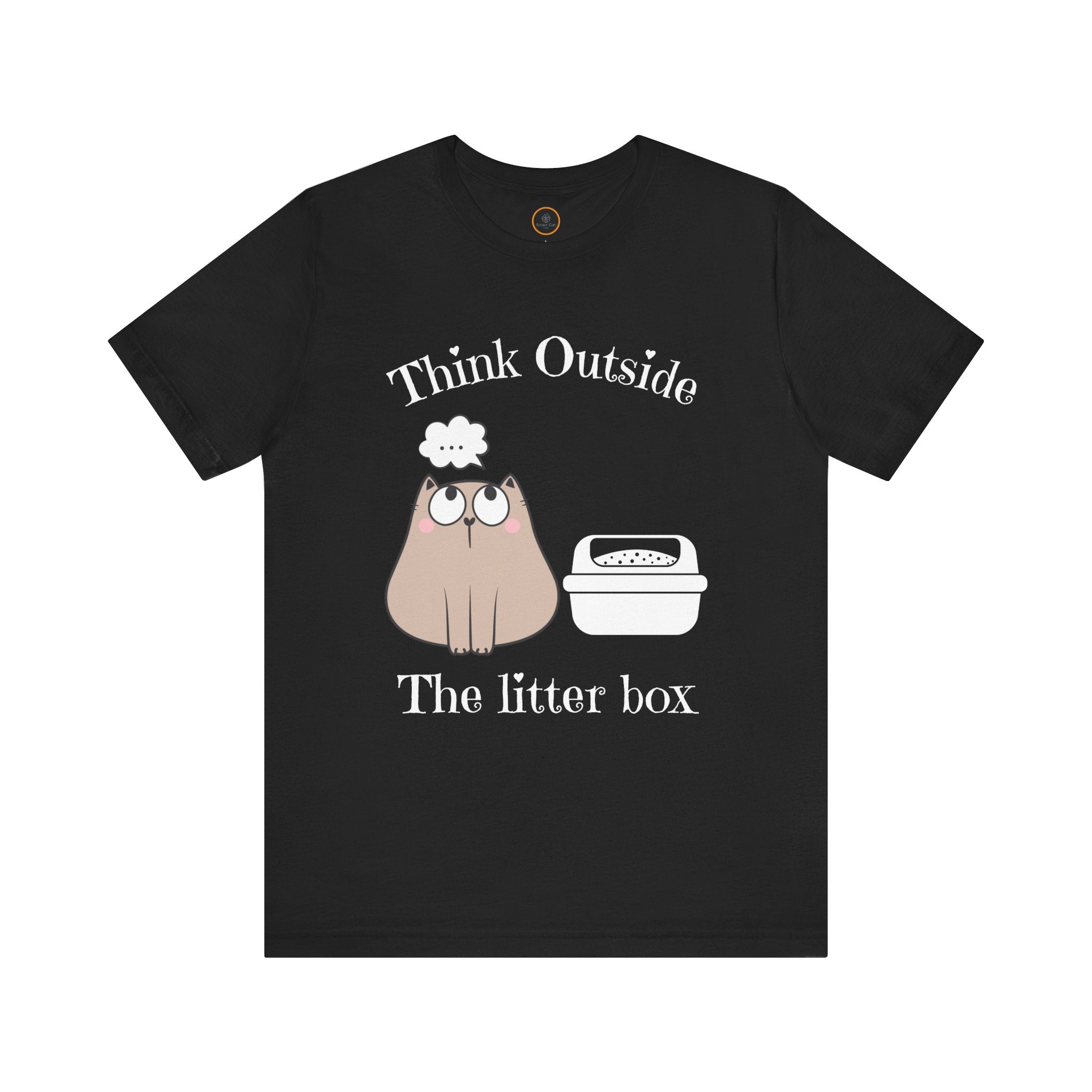 A crew neck t-shirt with the text 'Think Outside The Litter Box' and a graphic of a cat sitting next to a litter box.