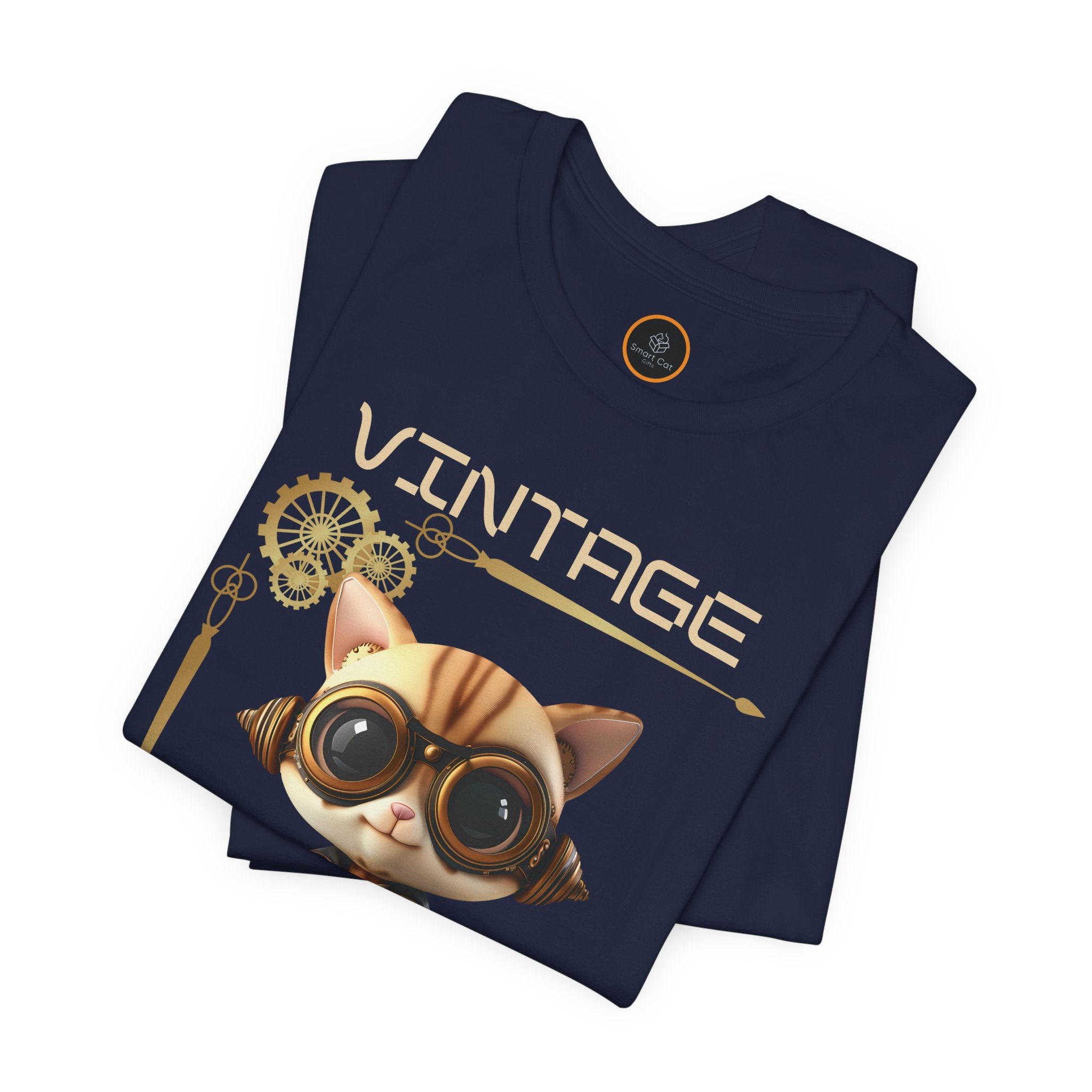 A graphic of a steampunk cat with goggles, half-framed by a border of gears. The word "Vintage" is written above the graphic, and "Future" is written below it.