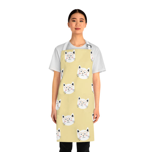 Model wearing a yellow apron with smiling cat pattern 