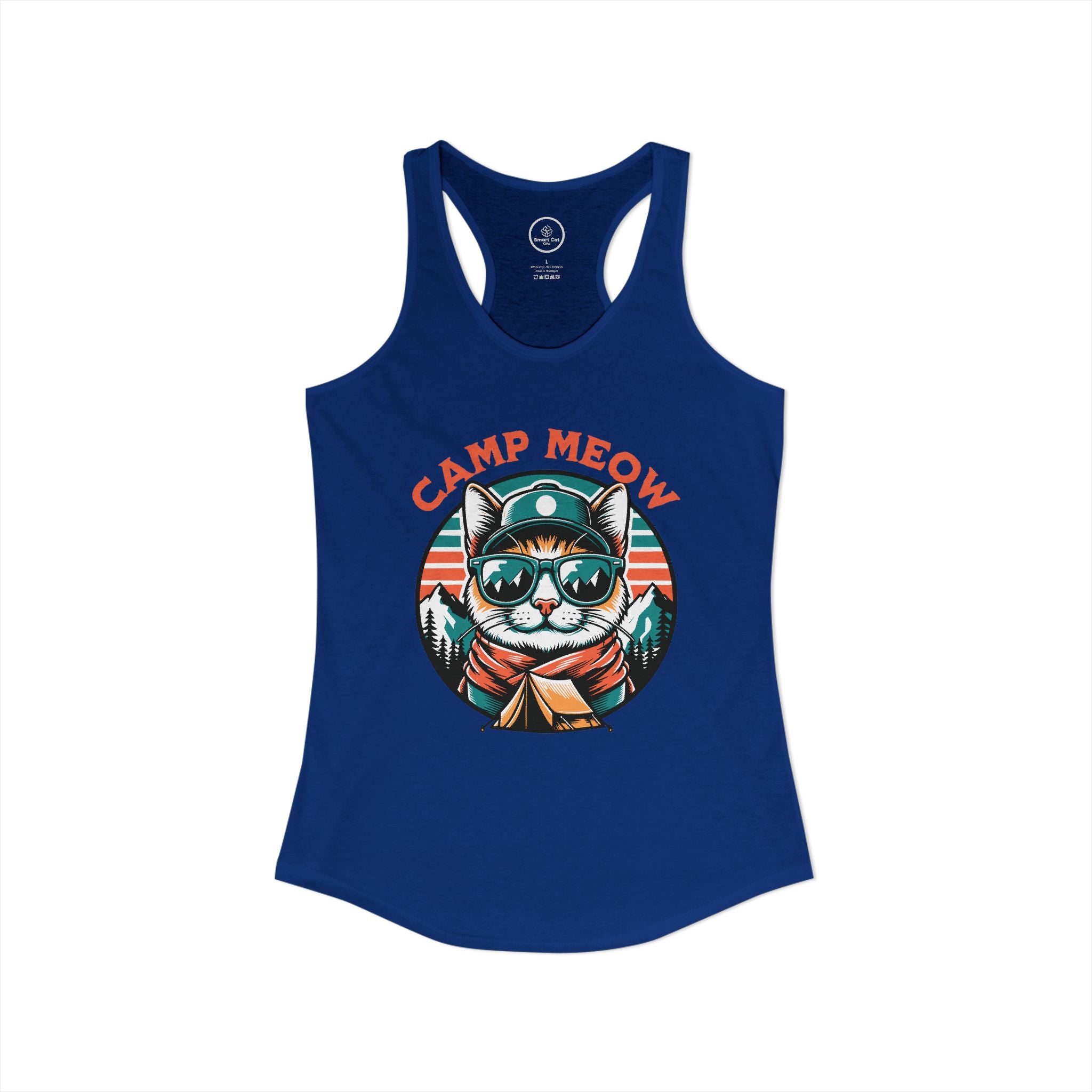 Royal blue tank top with a cat graphic and 'Camp Meow' text. 