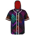 Retro Glow Hooded Baseball Jersey featuring a blend of vintage-inspired colors and a cool cat design on the left sleeve. 