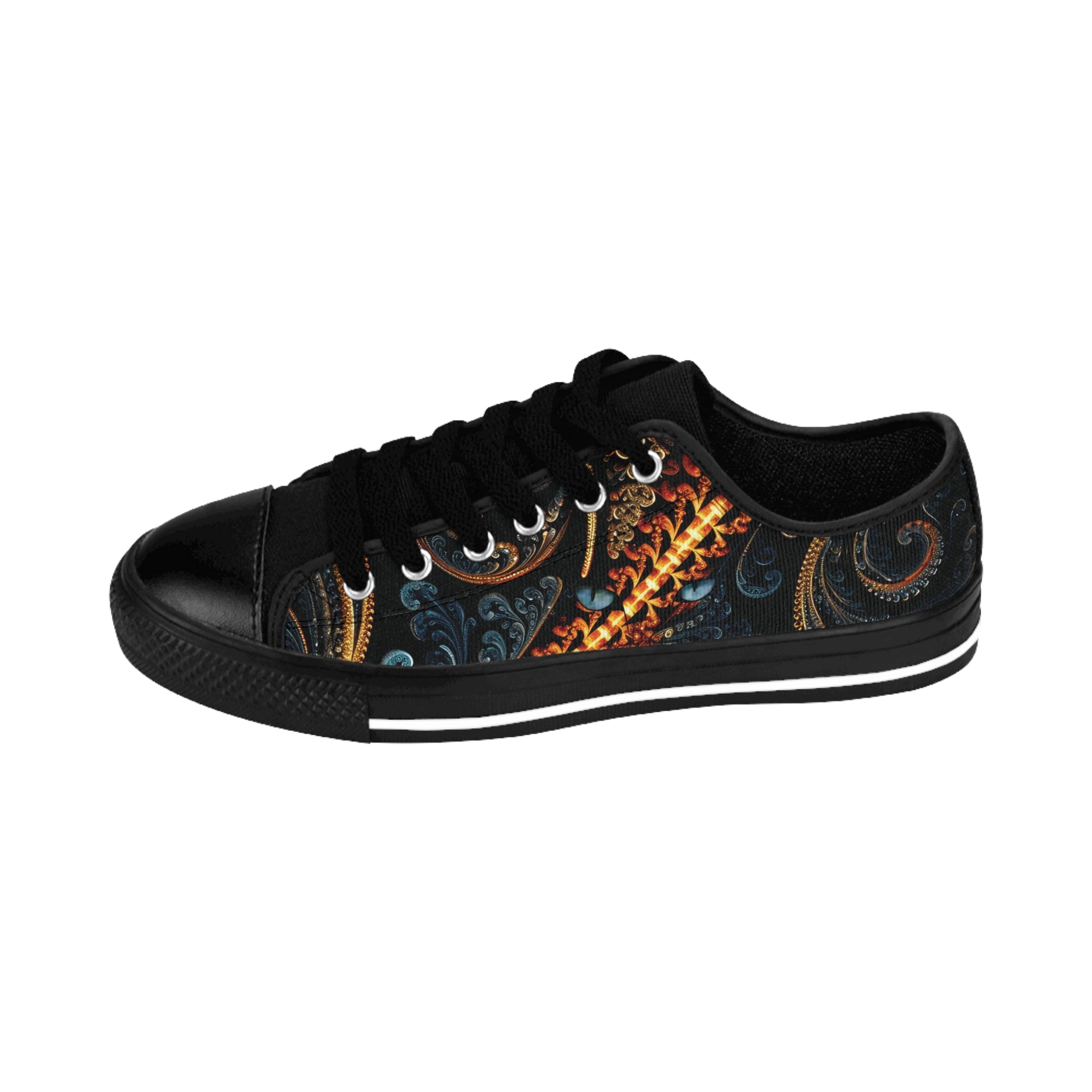 Hypnotic Eyes women's sneakers: ornate black, blue, gold pattern, two bluish silver mysterious cat eyes on side
