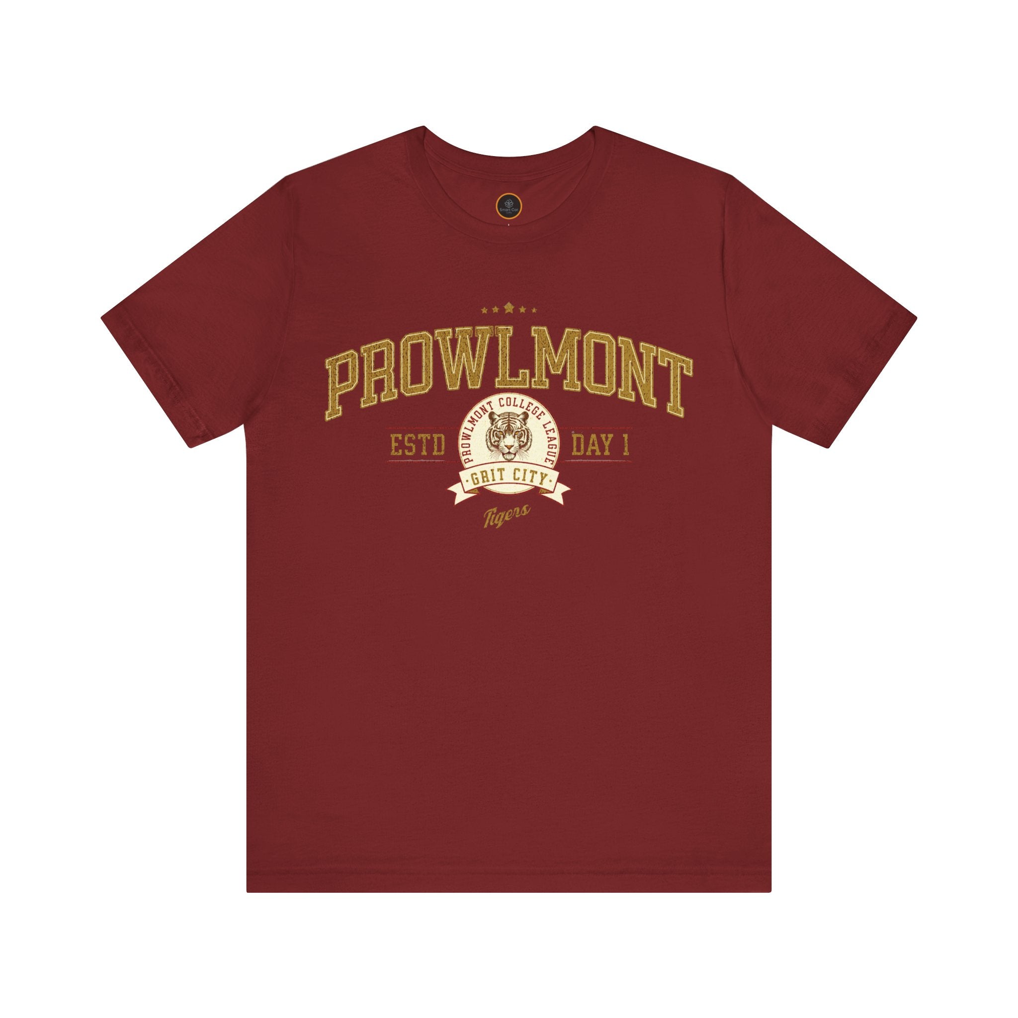 Red varsity style t-shirt with 'Prowlmont Grit City Tigers' text and tiger logo on a white background