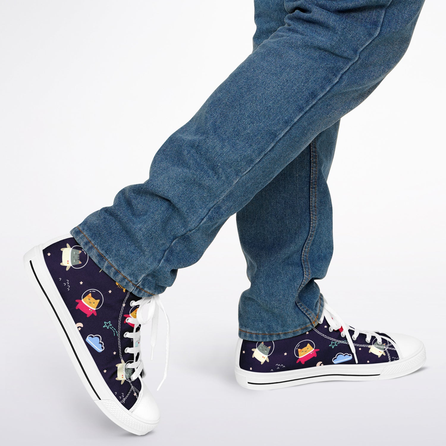 Astro Kitty sneakers: dark blue background with floating cartoon cats in space helmets, crescent moons, stars, fishbones, and flowers pattern.