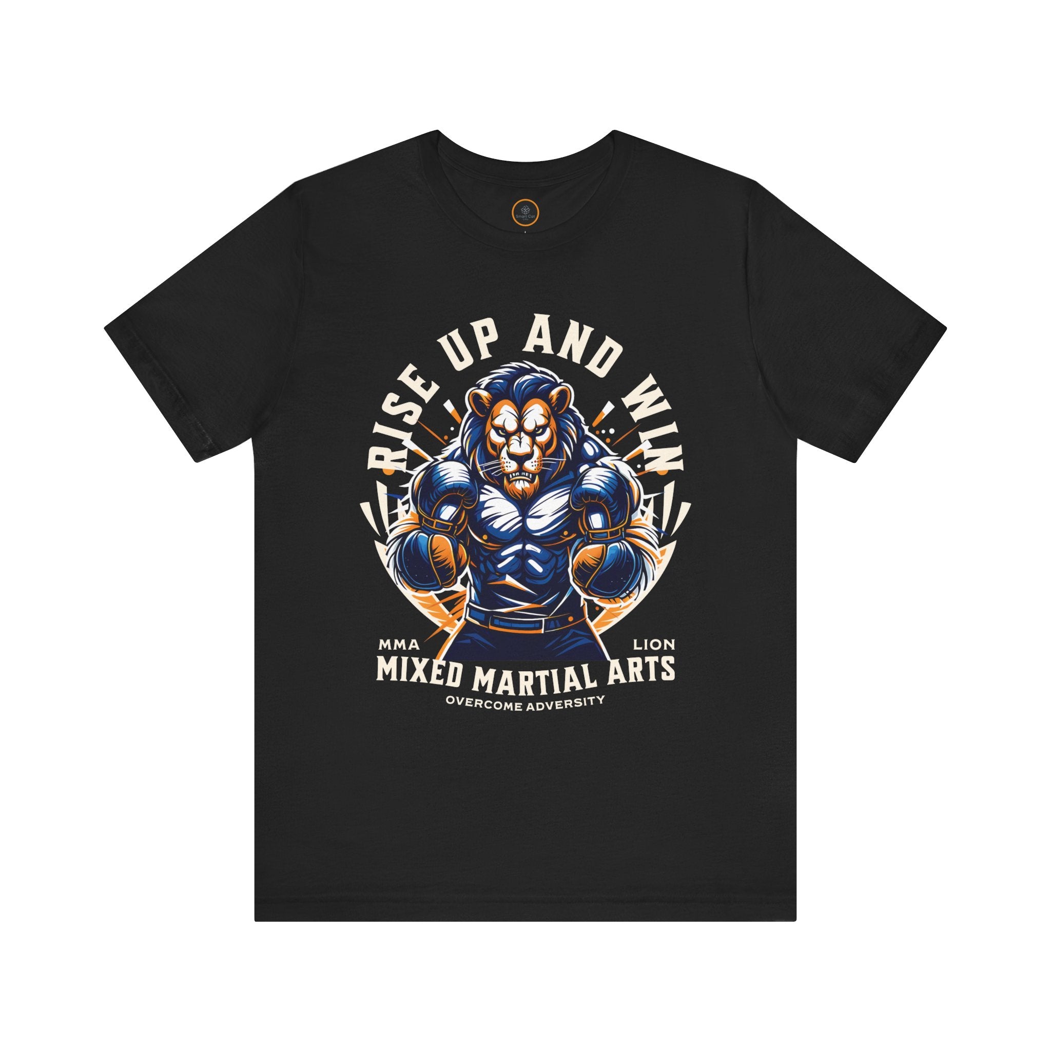 Black t-shirt featuring a powerful lion graphic in a ready-to-fight stance with inspiring 'Rise Up and Win' text.