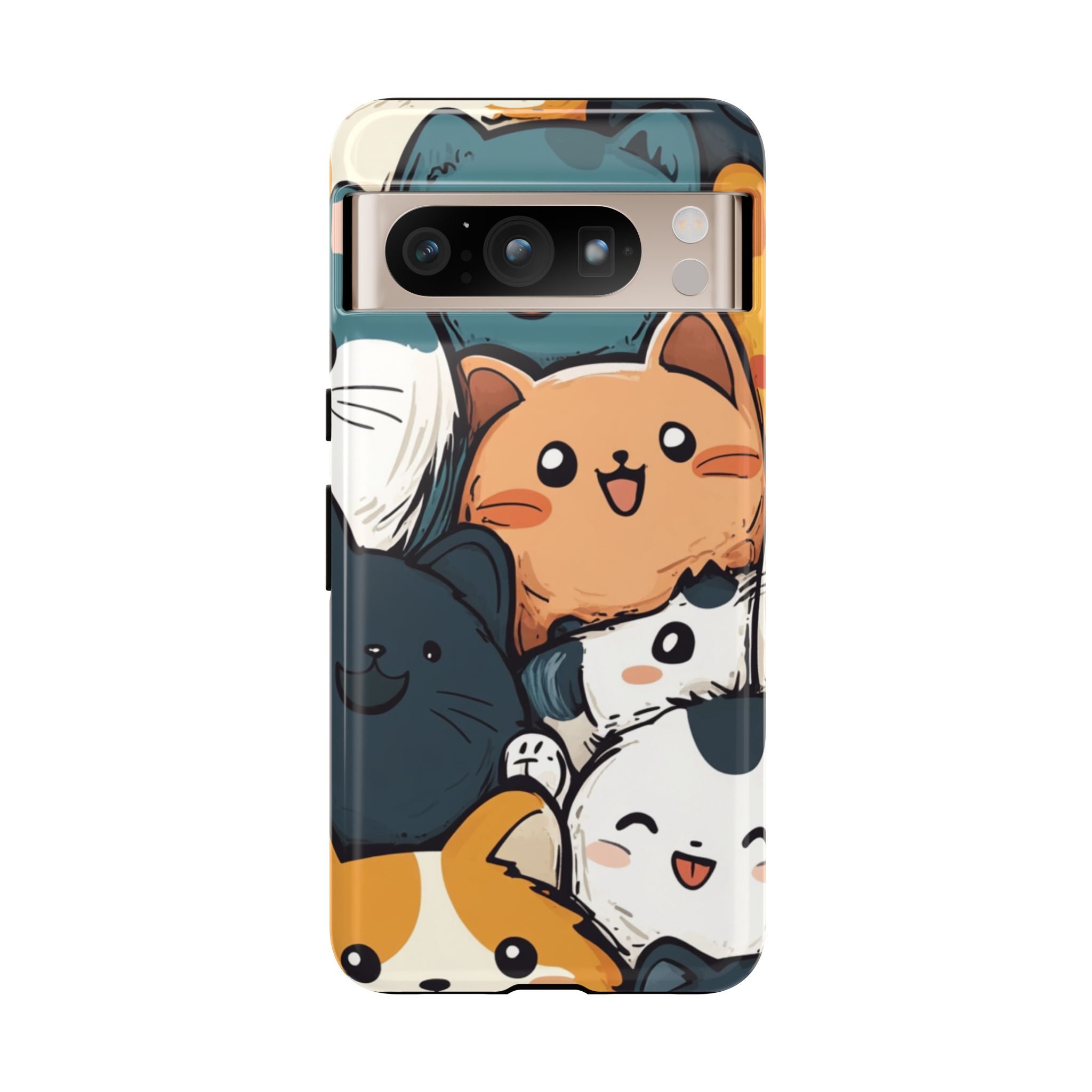 Multi-colored phone case with clustered, smiling Kawaii-style cat faces.