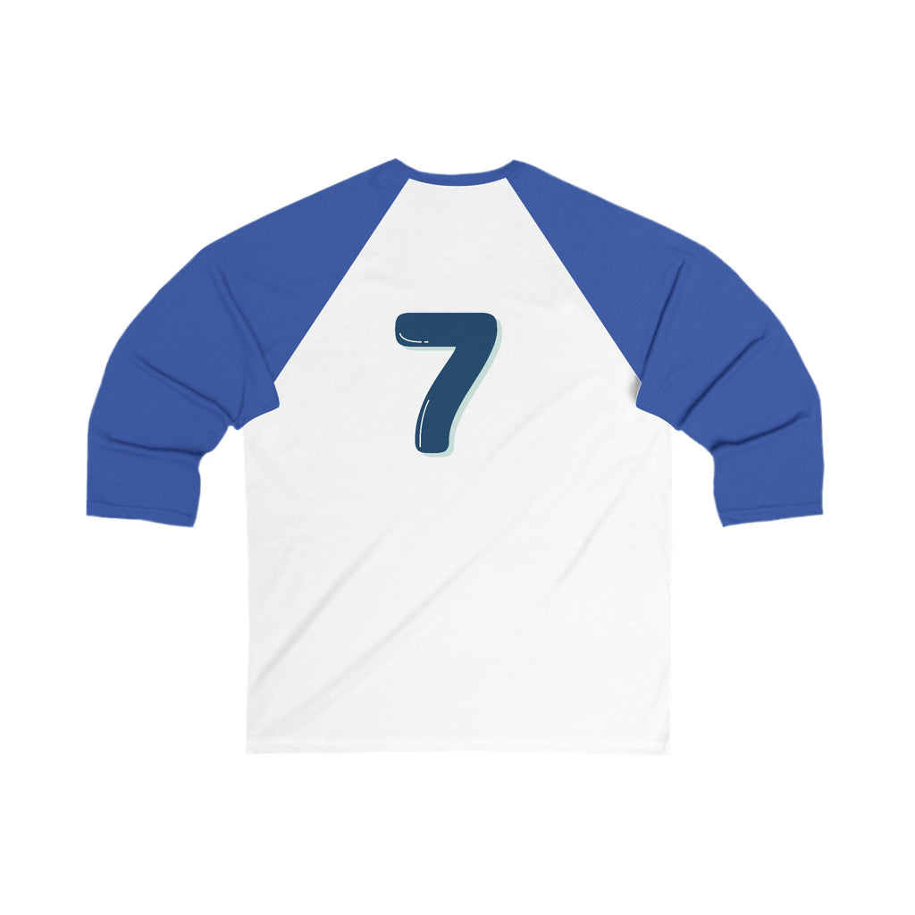 Back view of the blue and white Heart In Paw baseball Tee: Featuring a blue and gray number seven graphic.