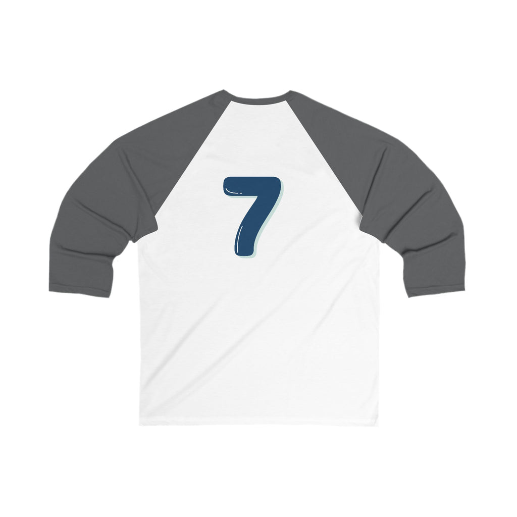 Back view of the gray and white Heart In Paw baseball Tee: Featuring a blue and gray number seven graphic.