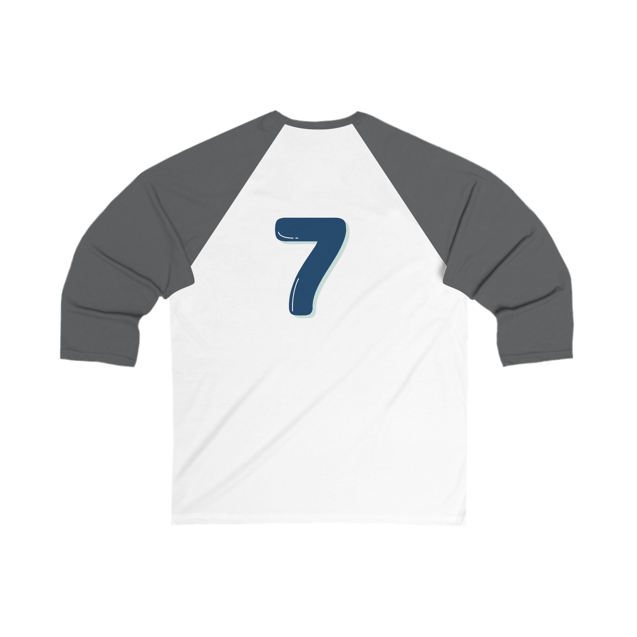 Back view of the gray and white Heart In Paw baseball Tee: Featuring a blue and gray number seven graphic.