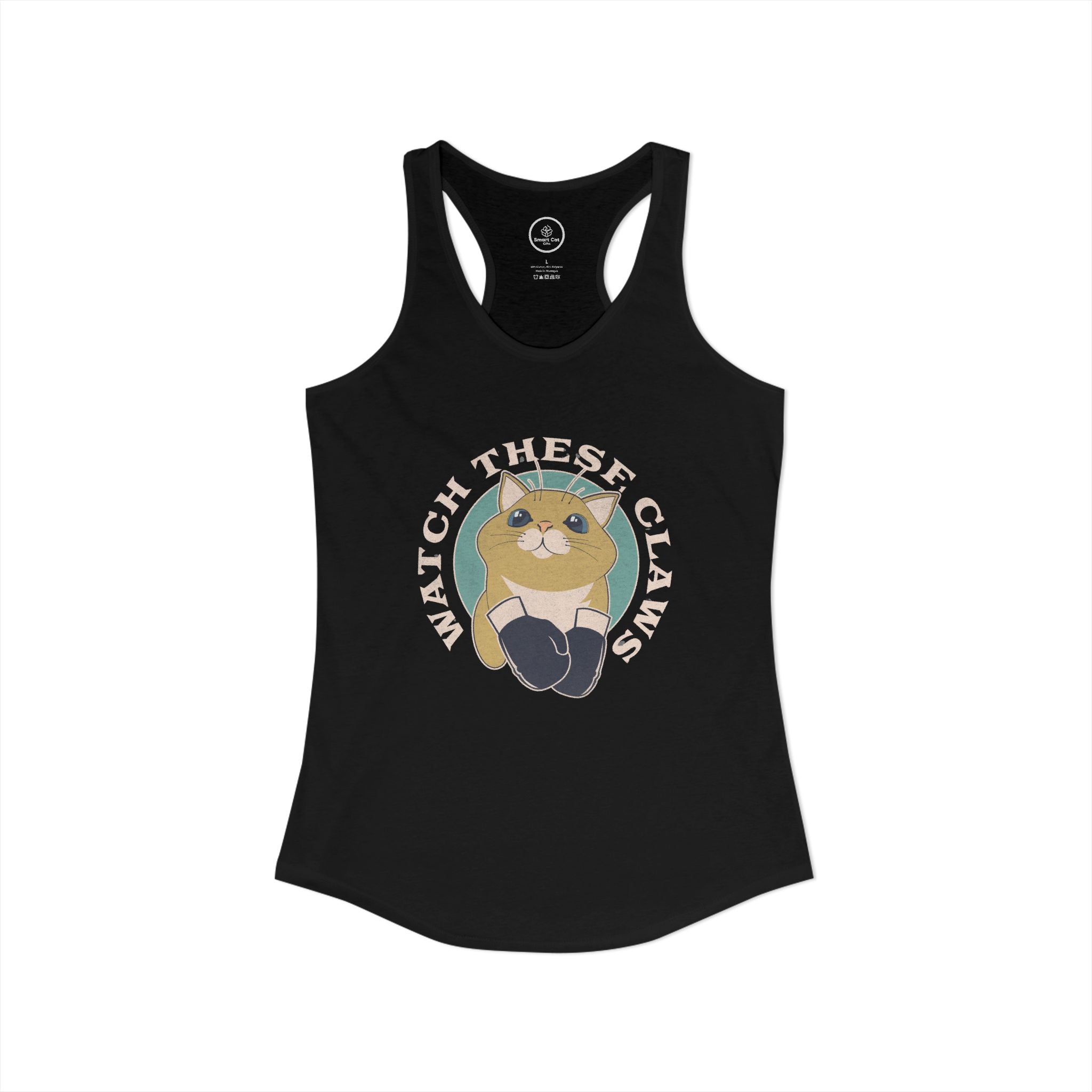 Black tank top with a cat graphic and 'Watch These Claws' text. 