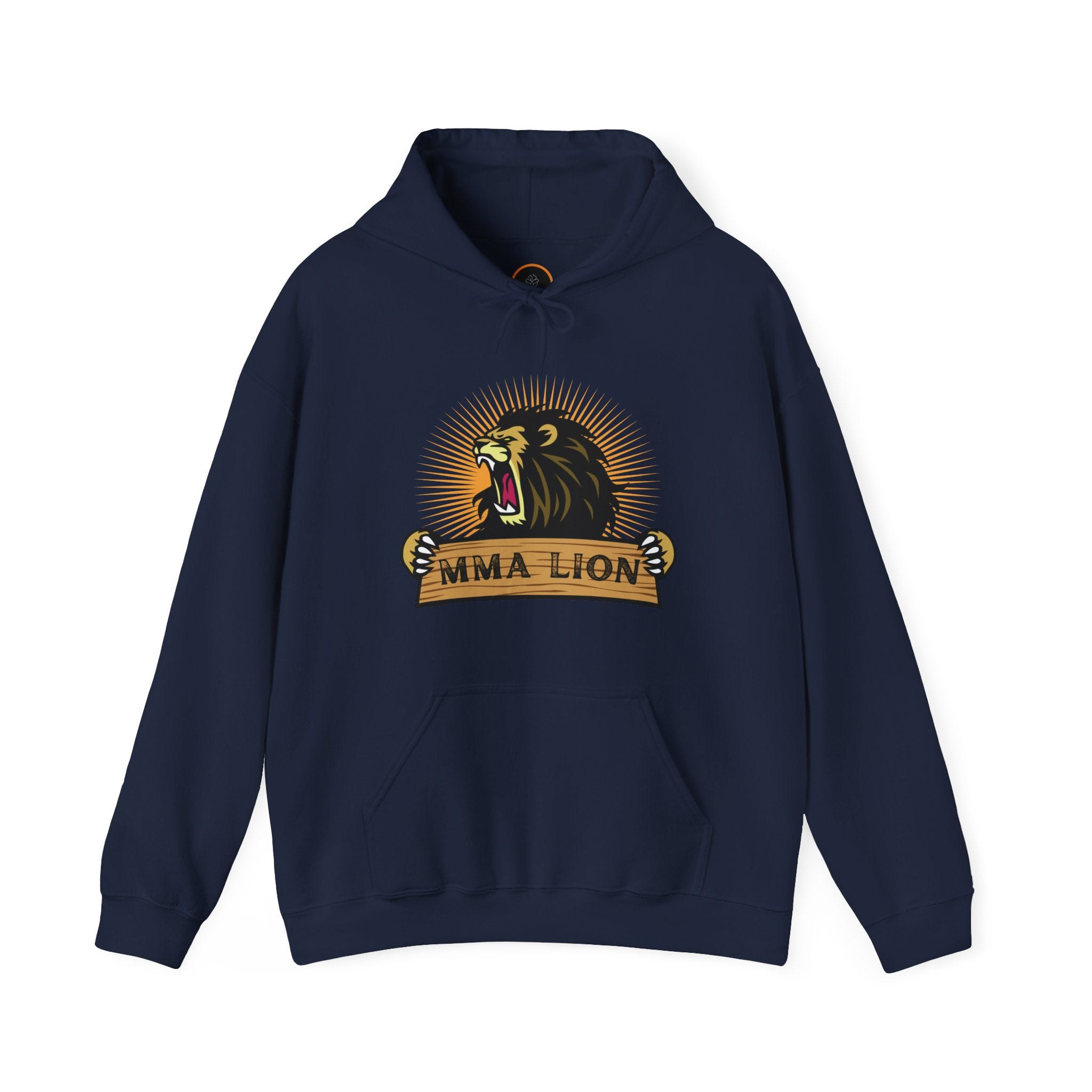 MMA Lion Hoodie: Features a graphic of a powerful, radiant, male lion roaring while appearing to stretch a wooden plank with "MMA Lion" written on it.