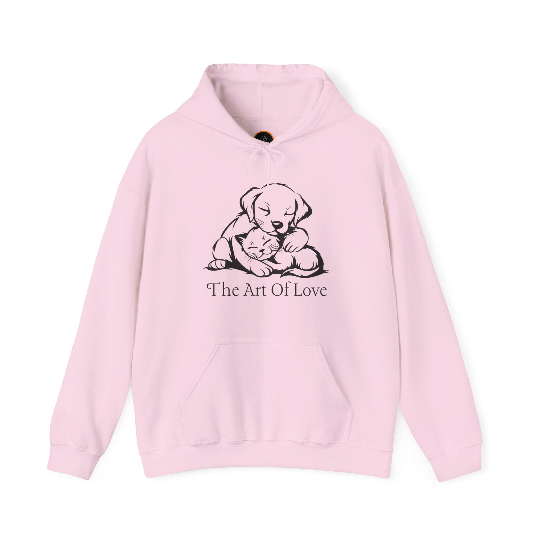 Light pink "The Art Of Love" Hoodie: Features a simple line art drawing of a puppy gently embracing a kitten. Below the illustration is the text "the art of love" 