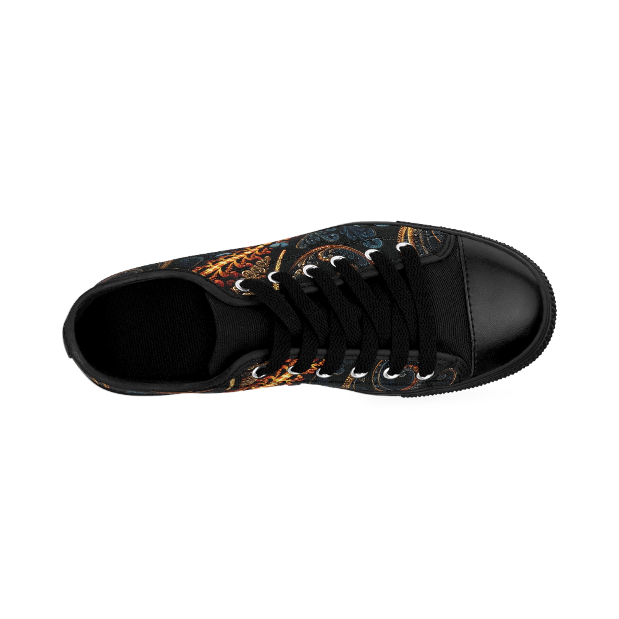 Top view of the Hypnotic Eyes women's sneakers: ornate black, blue, gold pattern, two bluish silver mysterious cat eyes on side