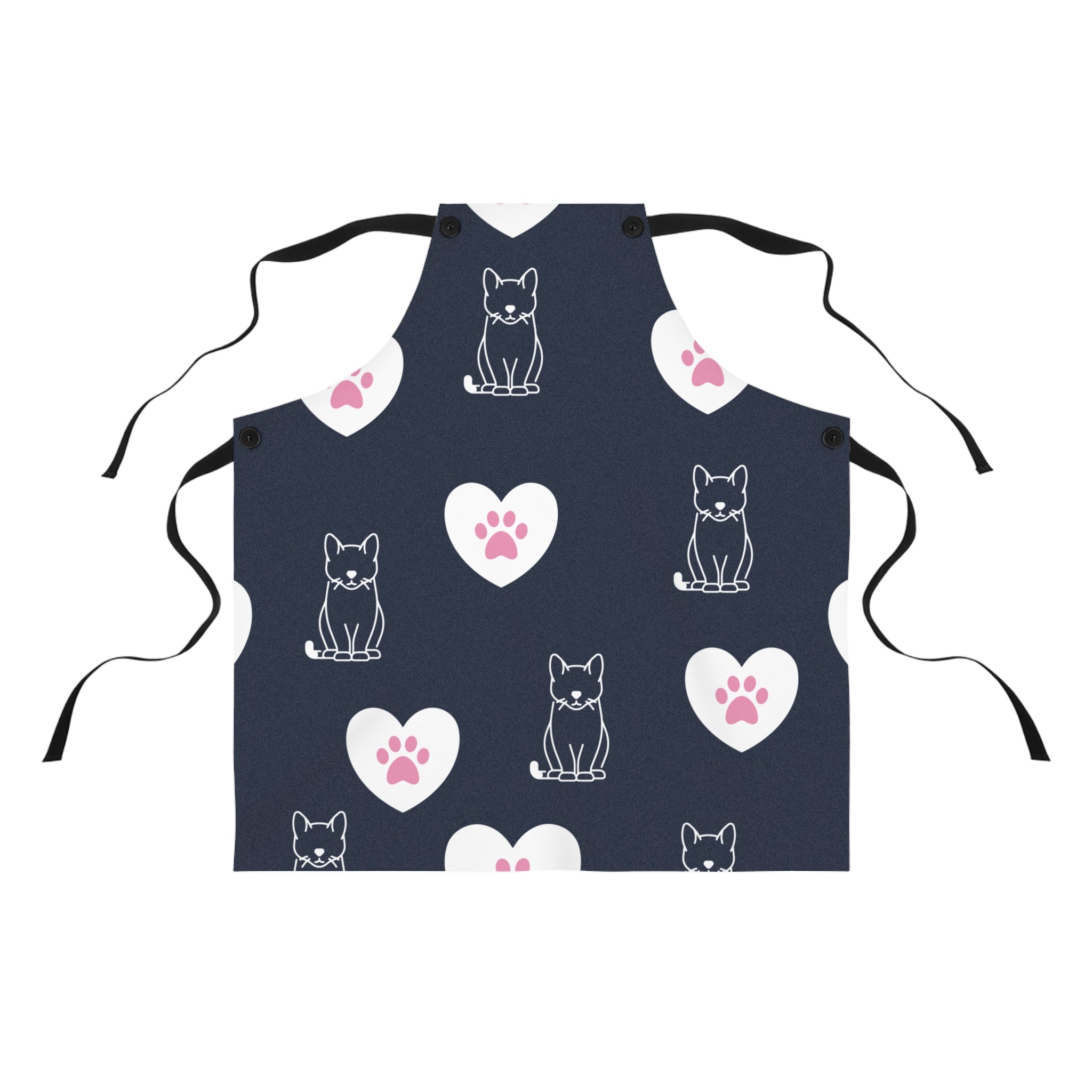 Image of the blue Pink Paws and Hearts apron with a graphic of pink cat paws in white hearts surrounded by line art house cats.